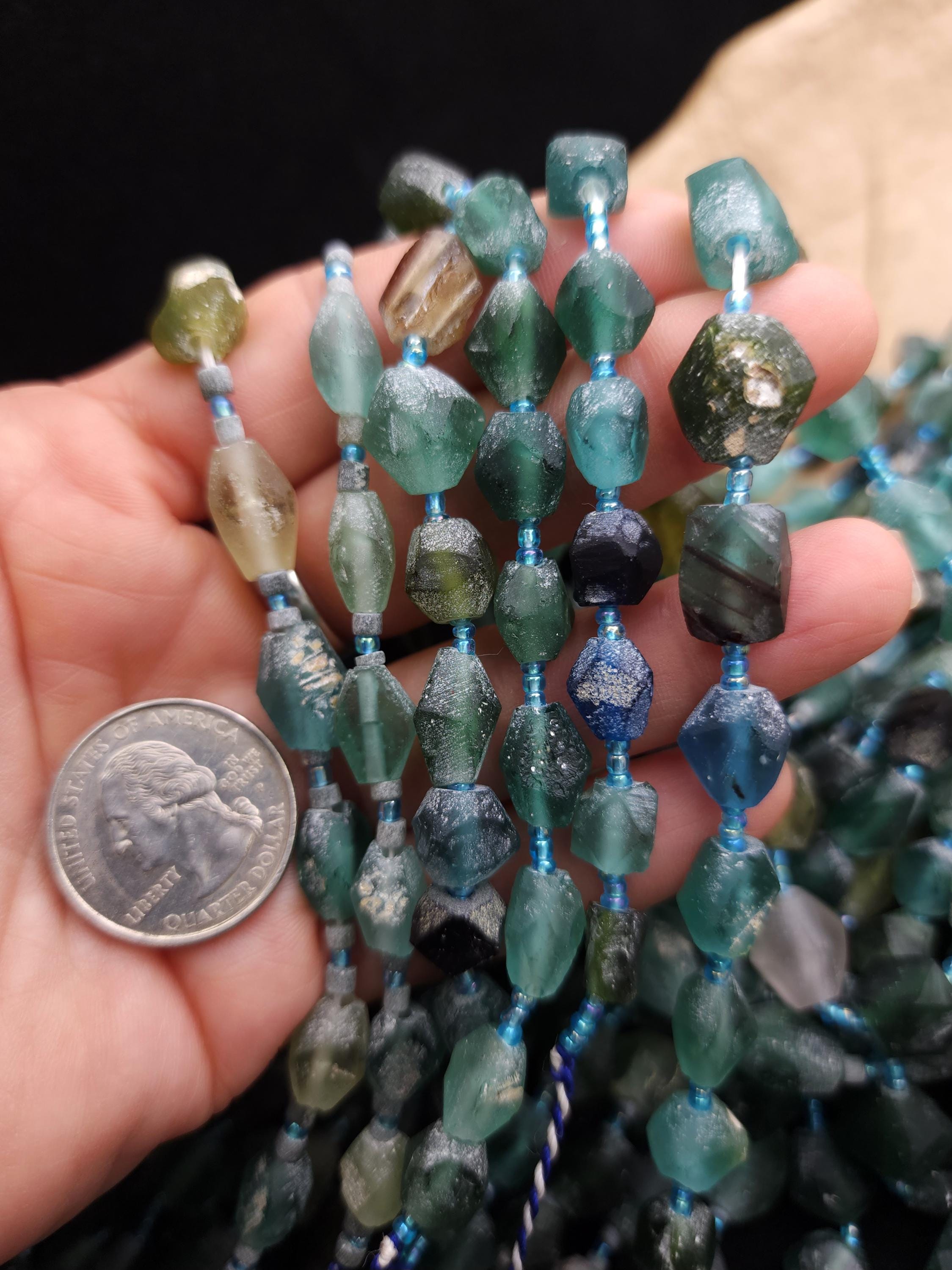 Ancient Roman Faceted Beads, 15" Full Strand, 8-16mm, Recycled Glass Beads for Jewelry Making.