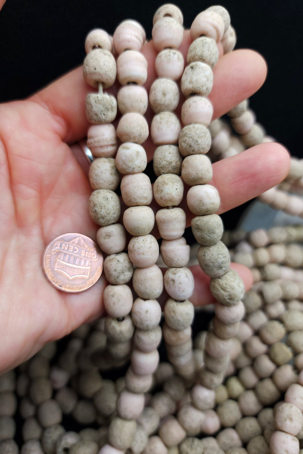 Handmade Indonesian Glass Beads / Java Rustic Beads / Strand 10" 26-28 Beads 9-10mm Beige / Vintage / Pink Pale / Jewelry Making Supplies
