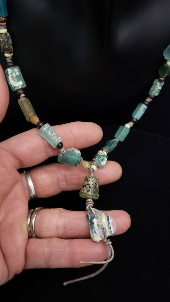 Beautiful Long Genuine Leather Necklace / Very Antique Roman Glass.