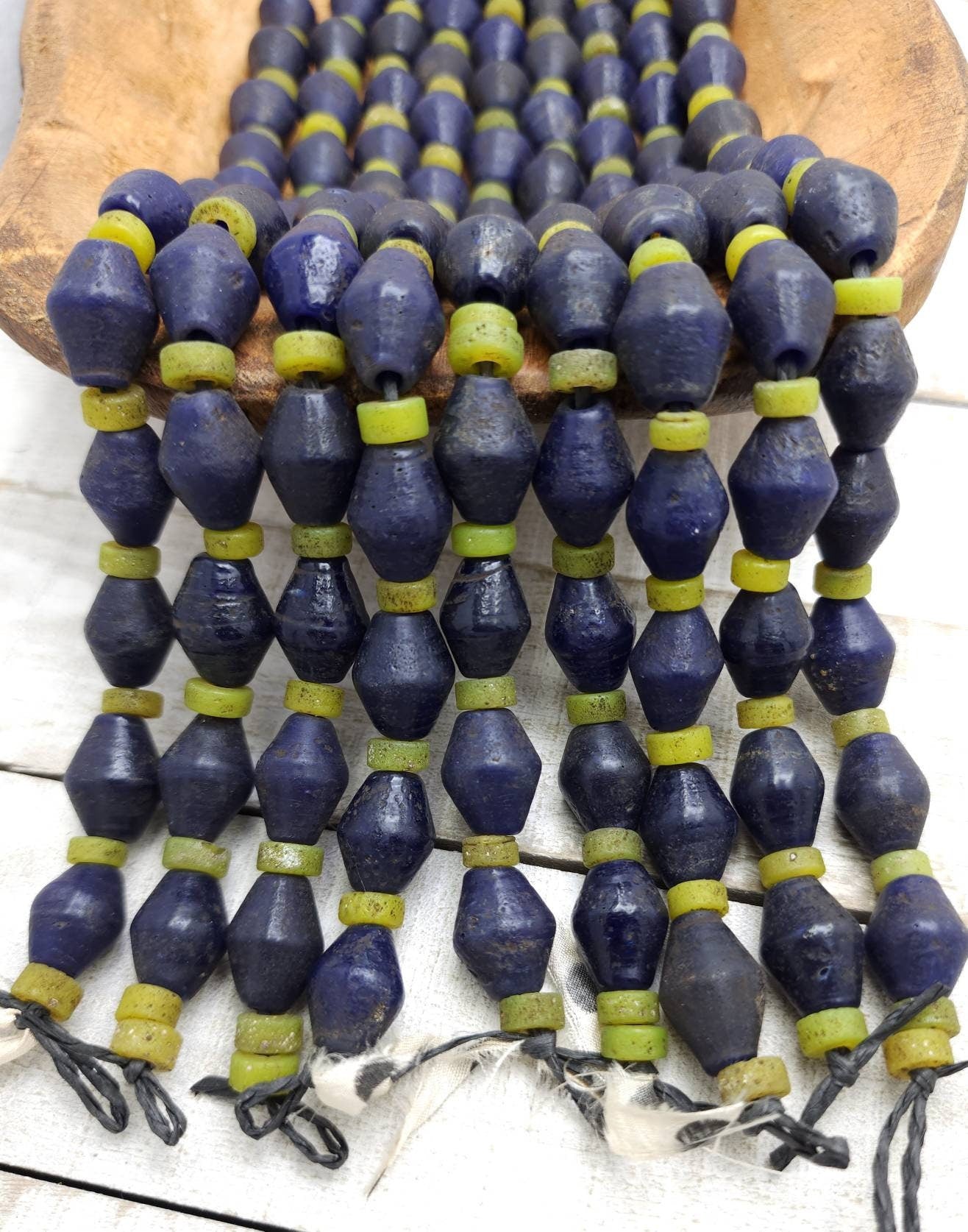 Bicone Beads With Old Rustic Accent/ Blue Java Glass Beads Strand 10 "16-18mm x 13mm / Jewelry Supplies / Indones Beads / Lampwork Beads.