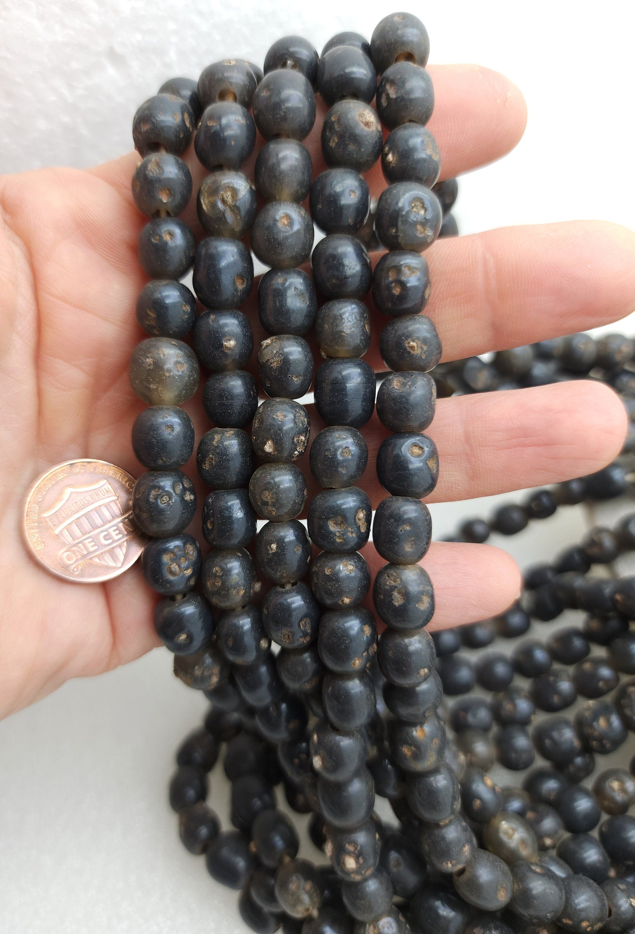 Old Thai Glass Beads, Vintage Grey Semi-Transparent Beads [9 Years Old] Strand 10" 28-30 Beads 8-9mm+, Jewelry Making Supplies.