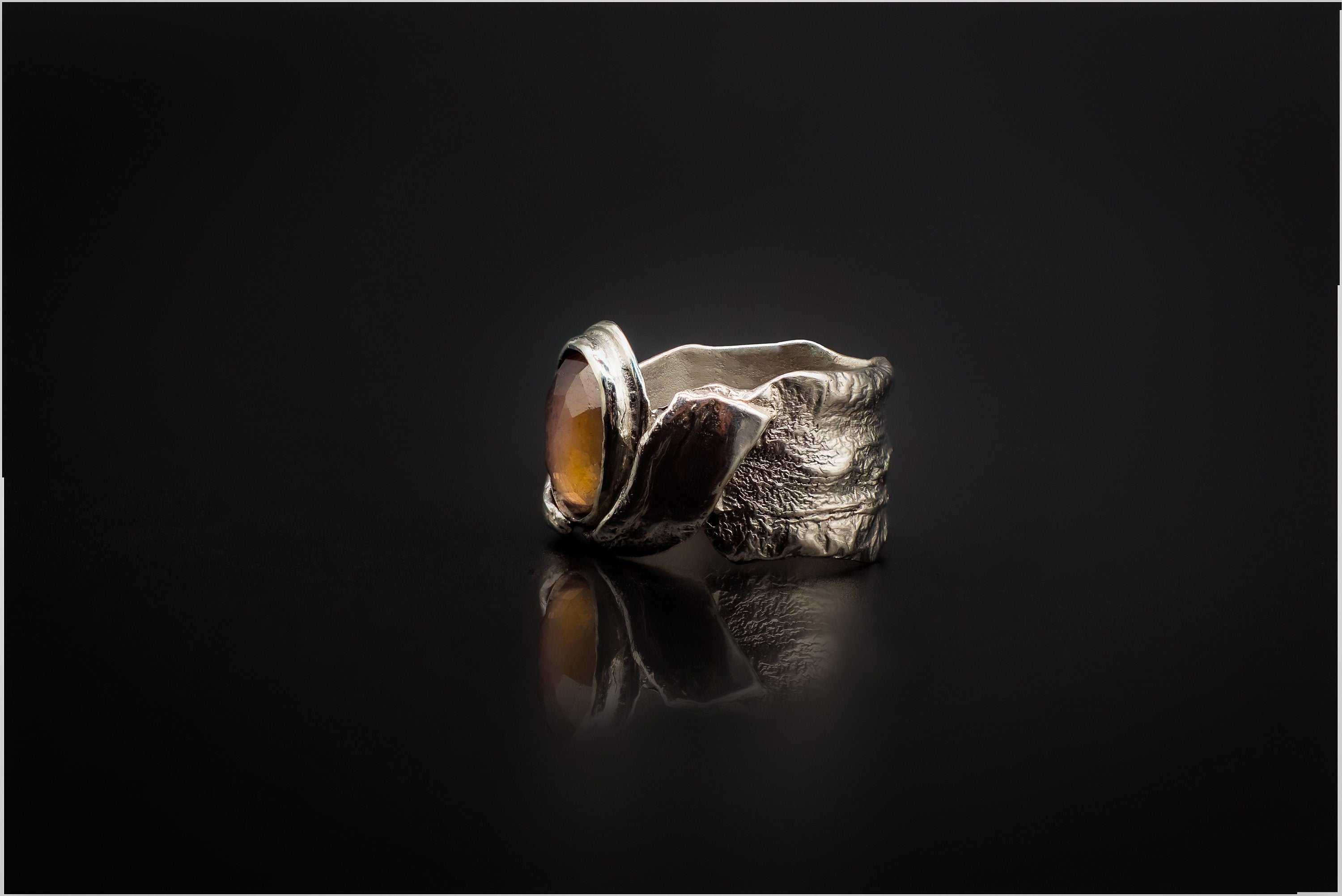 925 Reticulated Silver, And Rose Cut Sapphire Ring