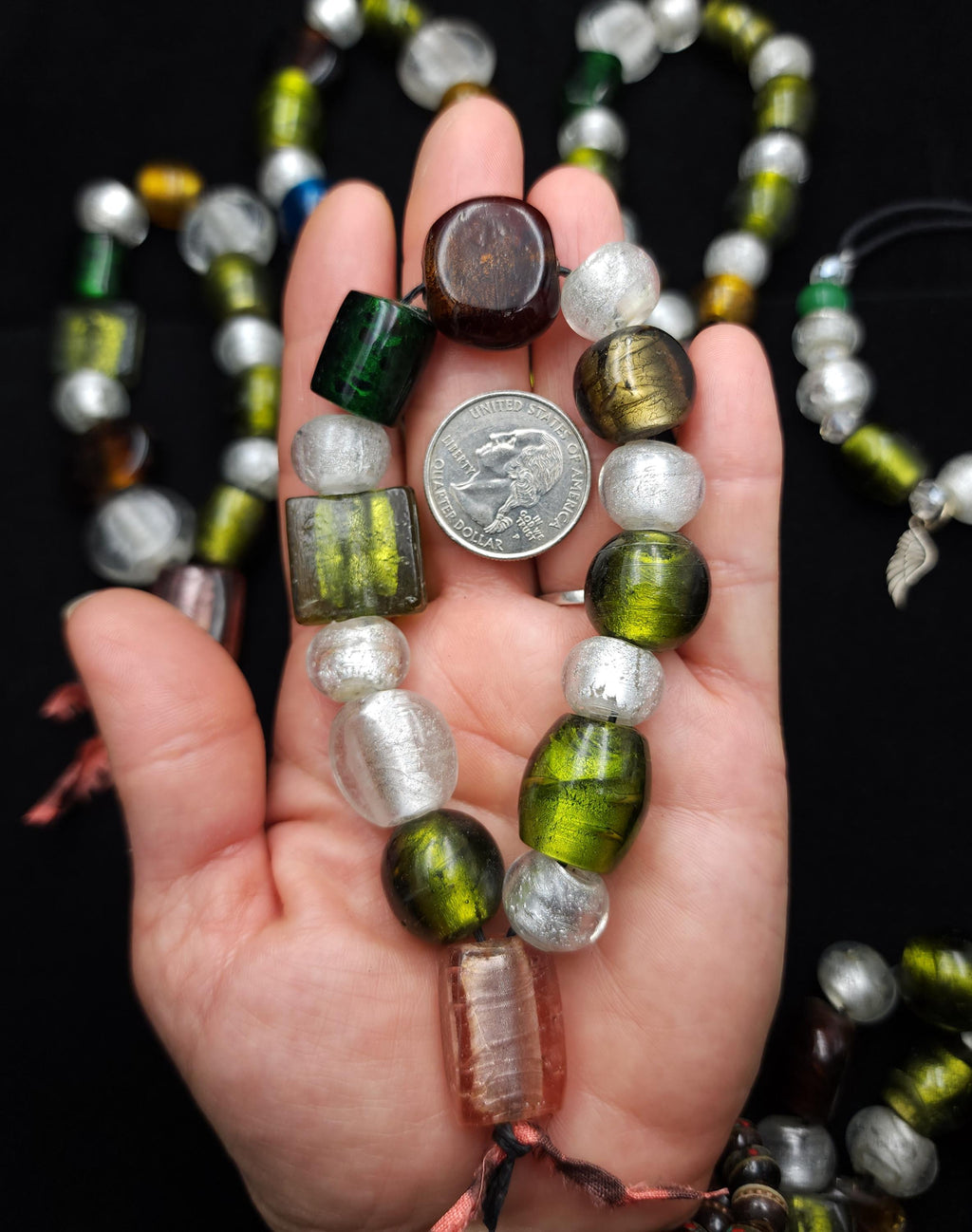 Lampwork Silver Foil Glass Beads – Handmade Murano Style Bead Strand 9" 14-24mm, Green, Amber, Pink, Clear | Boho Ethnic Jewelry Making.