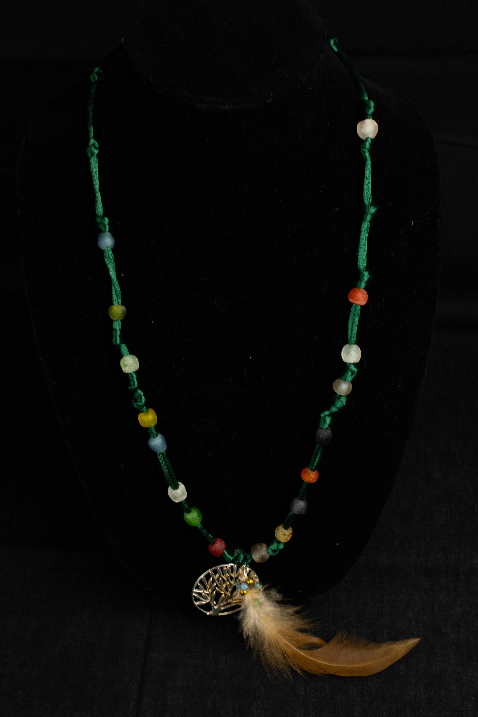 FINAL SALE!  Silk feather Necklace  pendant  African glass  Natural feather  Silk  crystal