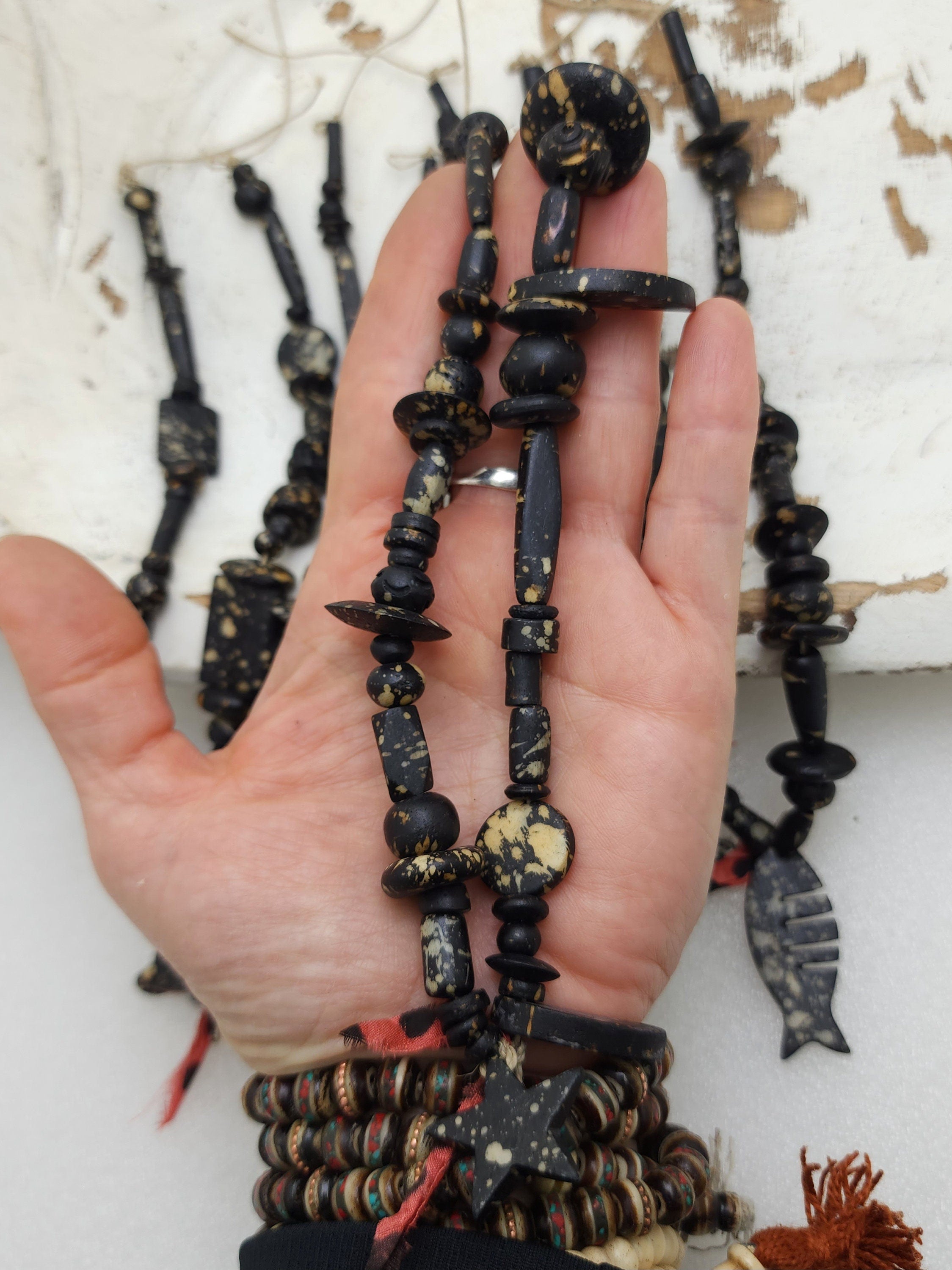Splattered Black Bone Beads / Strand 14"+ Variety Of Bone Beads / Tribal / Ethnic / Boho / Fun Beads / Jewelry Making Supplies.