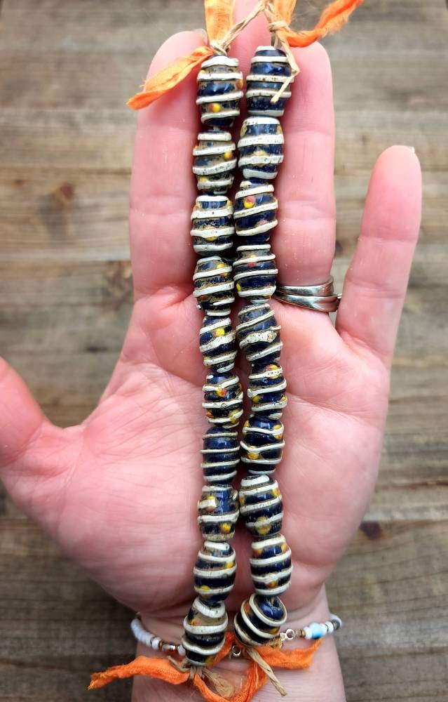 Vintage Rustic Old Accent Glass Beads From Java Indonesia Strand 10 Beads 14-16mm x 11-12mm, Lampwork, Jewelry Making Supplies
