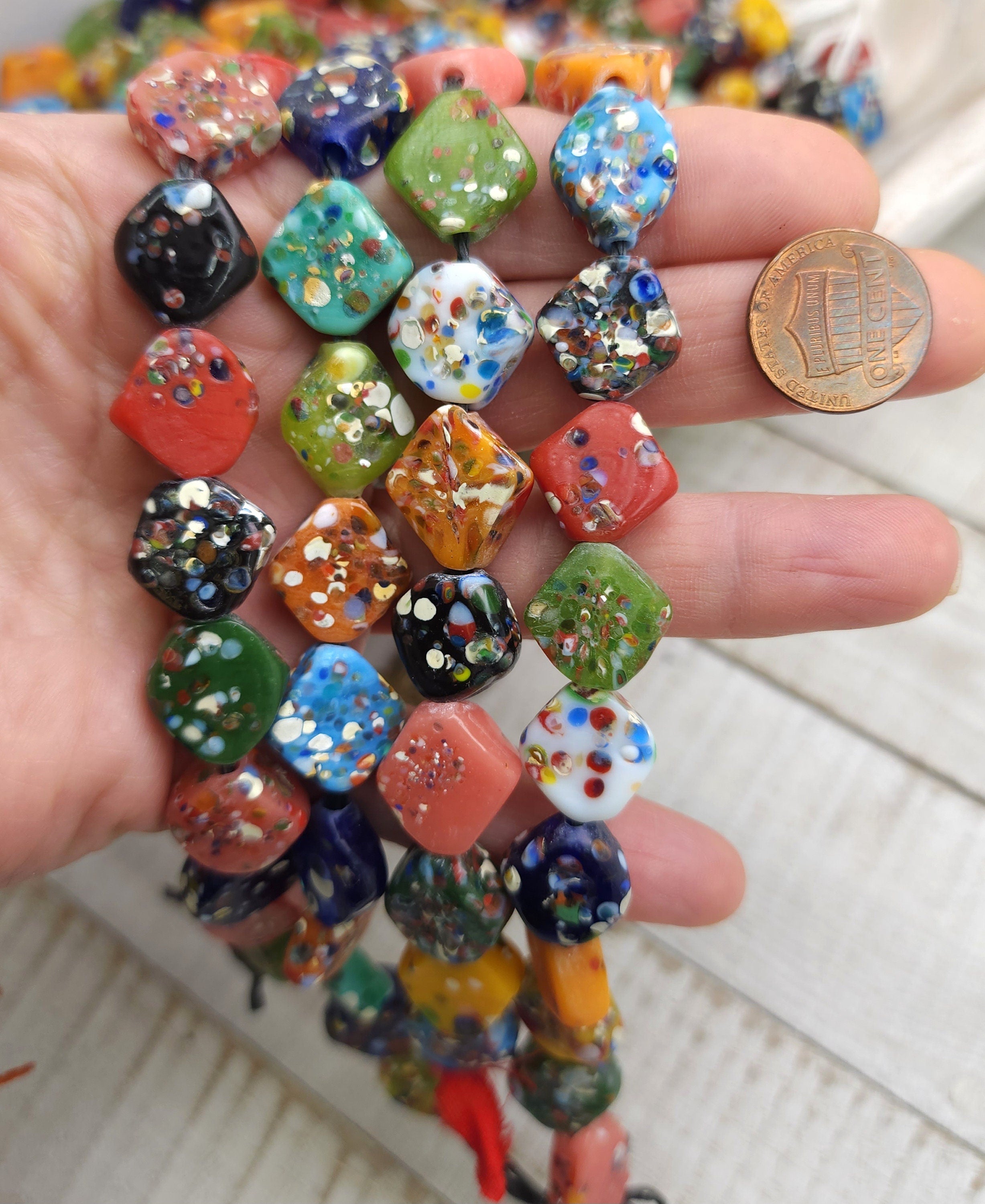 Square Mosaic Glass Beads / Strand With 12 Beads15-17mm / Thailand Beads / Indonesia / Lampwork Beads / Jewelery Making Supplies.