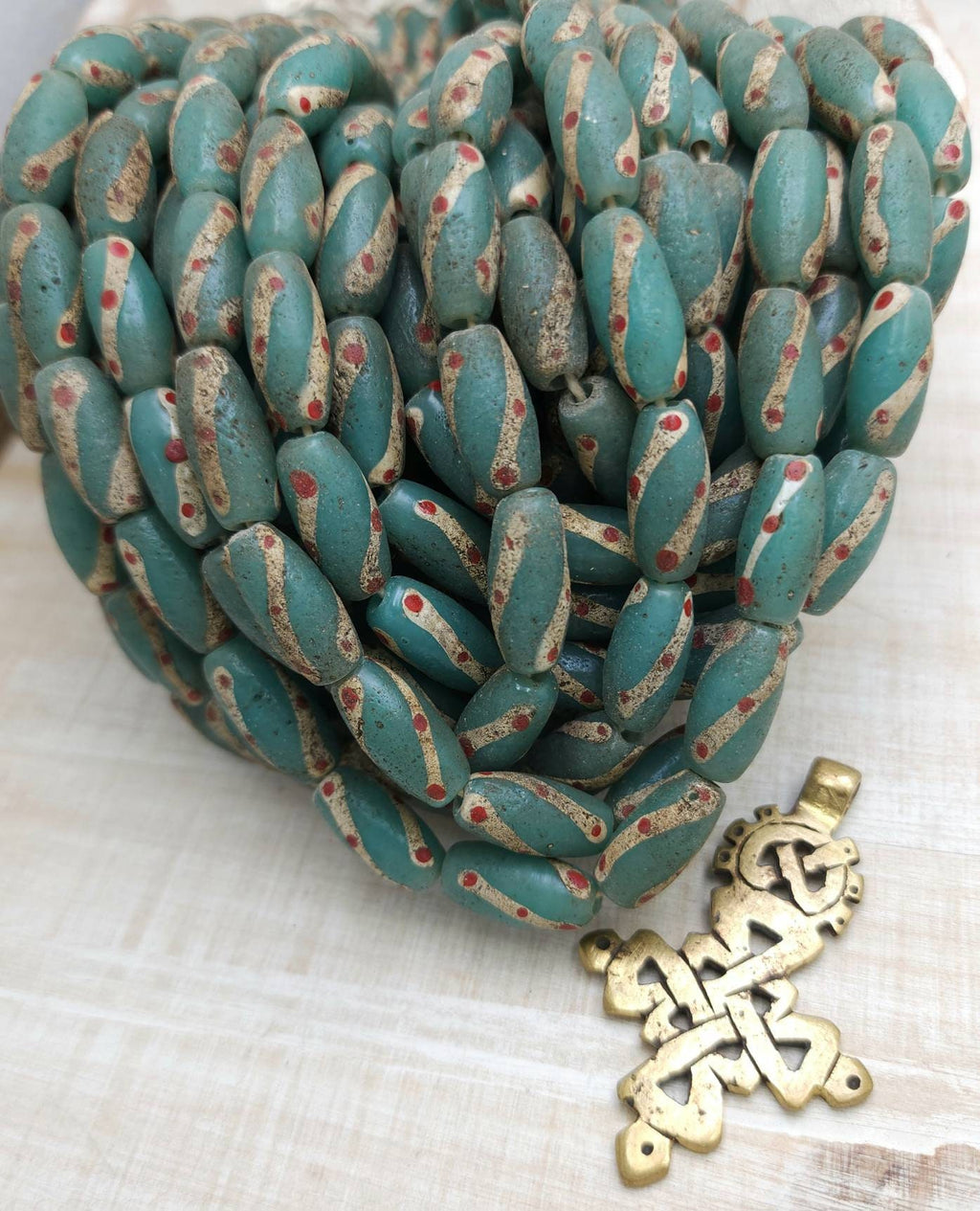 Teal Turquoise Old Accent Glass Beads Made By Thai Artisan Hands /Java / 10 Beads 18-20mm x 10mm /Jewelry Supplies / Vintage / Venetian
