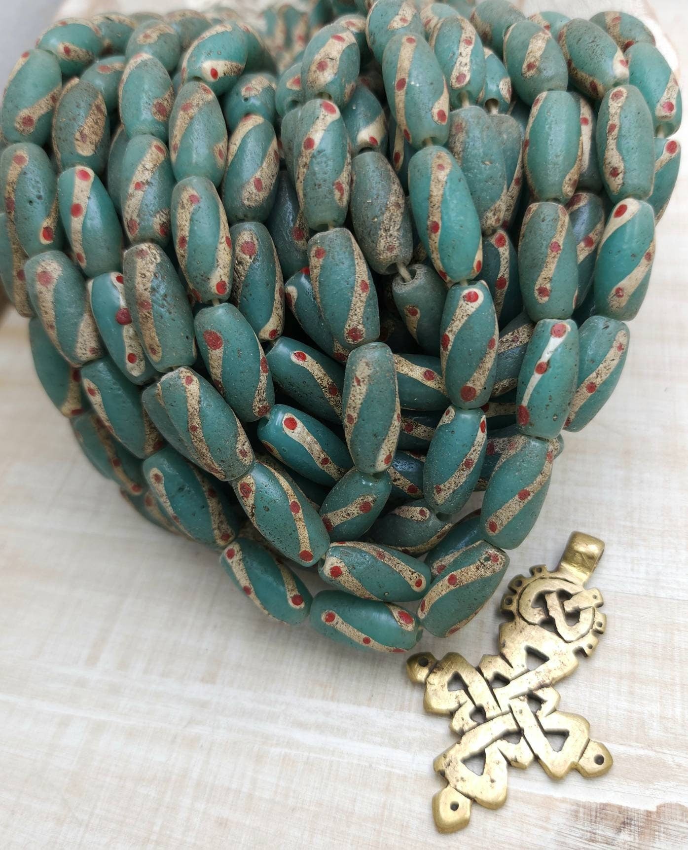 Teal Turquoise Old Accent Glass Beads Made By Thai Artisan Hands /Java / 10 Beads 18-20mm x 10mm /Jewelry Supplies / Vintage / Venetian