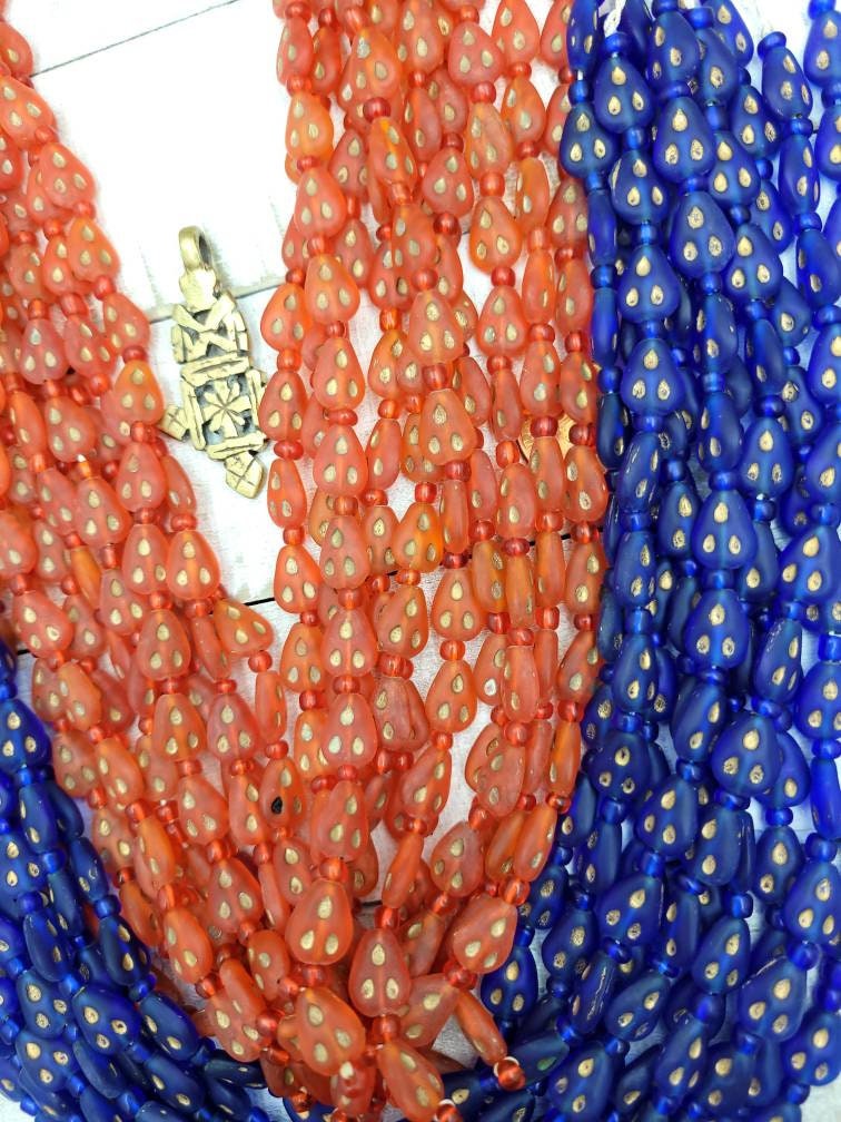 Wow What Beautiful Glass Beads With Gold From Afghanistan Choice Orange Red  Or Blue / 17 "Strand 10-11mm x 9mm/ Jewelry Supplies.