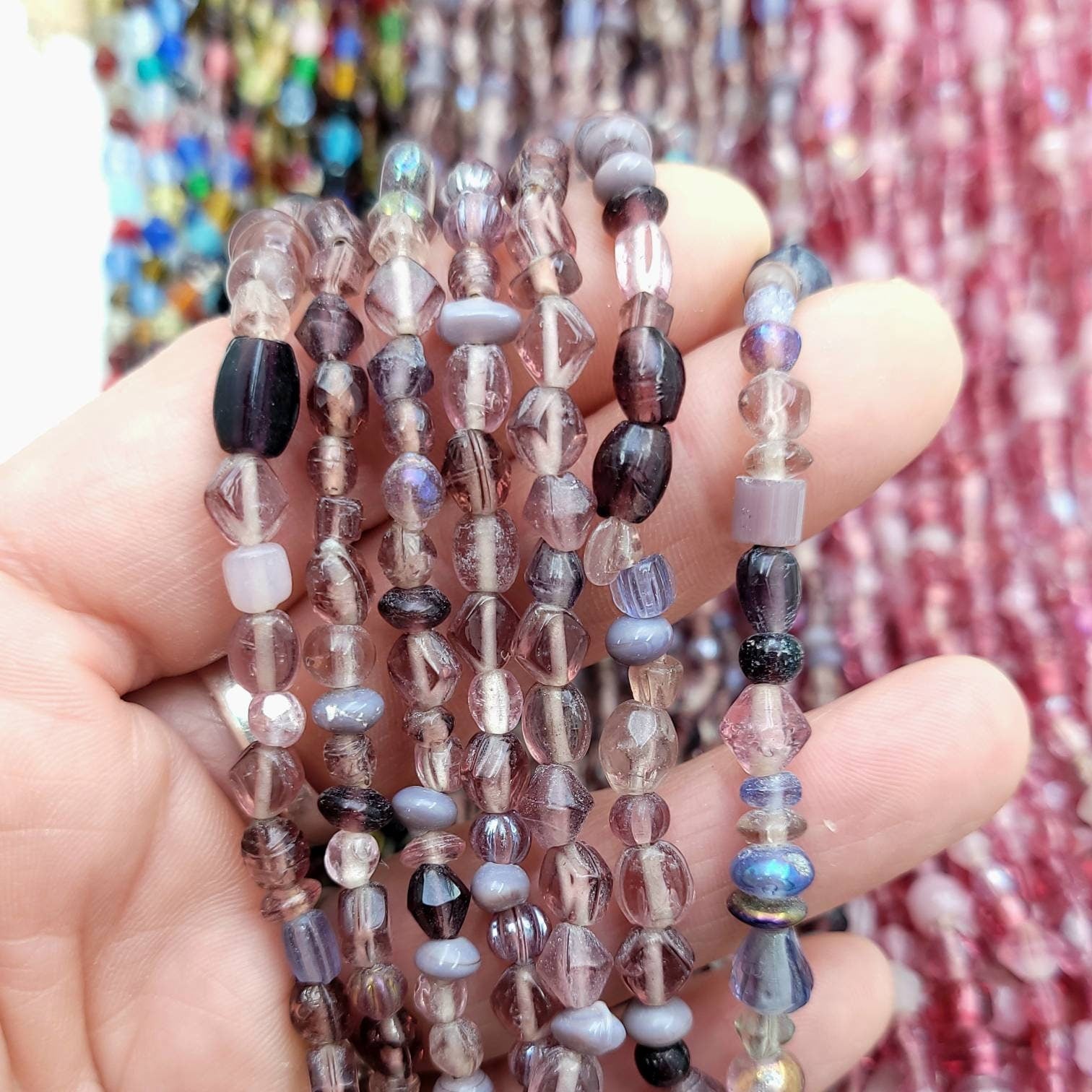 Lot Of 3 Strands 34-36" Inches Each Strand / Glass Beads / Pink / Lilac / Multicolor / Jewelry Supplies / Rosary.
