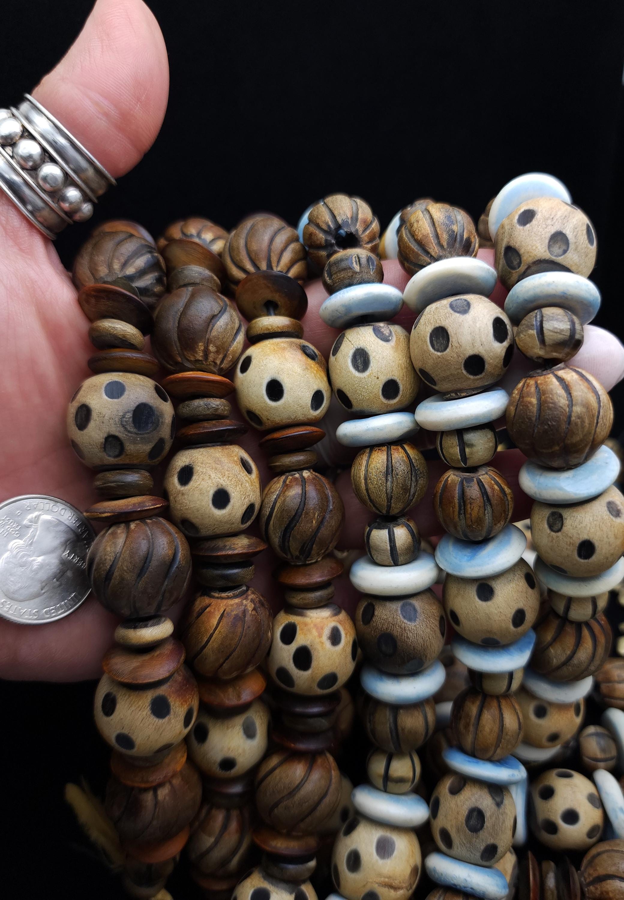 Hand-Carved Horn Bone Beads, 12–21mm, Unique African Large Hole Beads, Strand 10", Option to choose, Rustic Natural Buffalo Bone Beads.