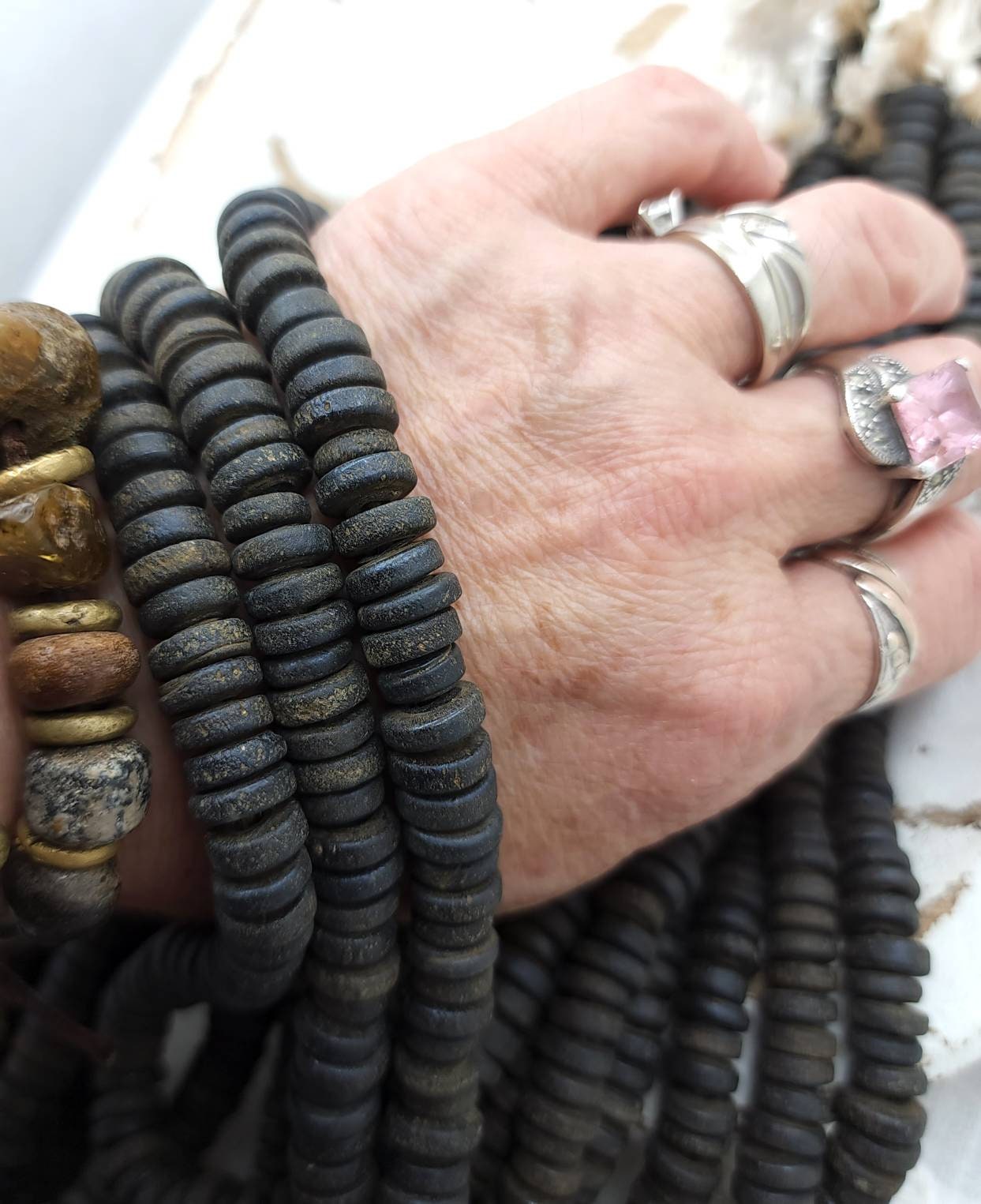 Wow Beautiful Black Beads With Old Rustic Accent 9-10-mm Strand 10" Long / Java / Indonesian / Glass Beads / Tai Beads / Jewelry Supplies.