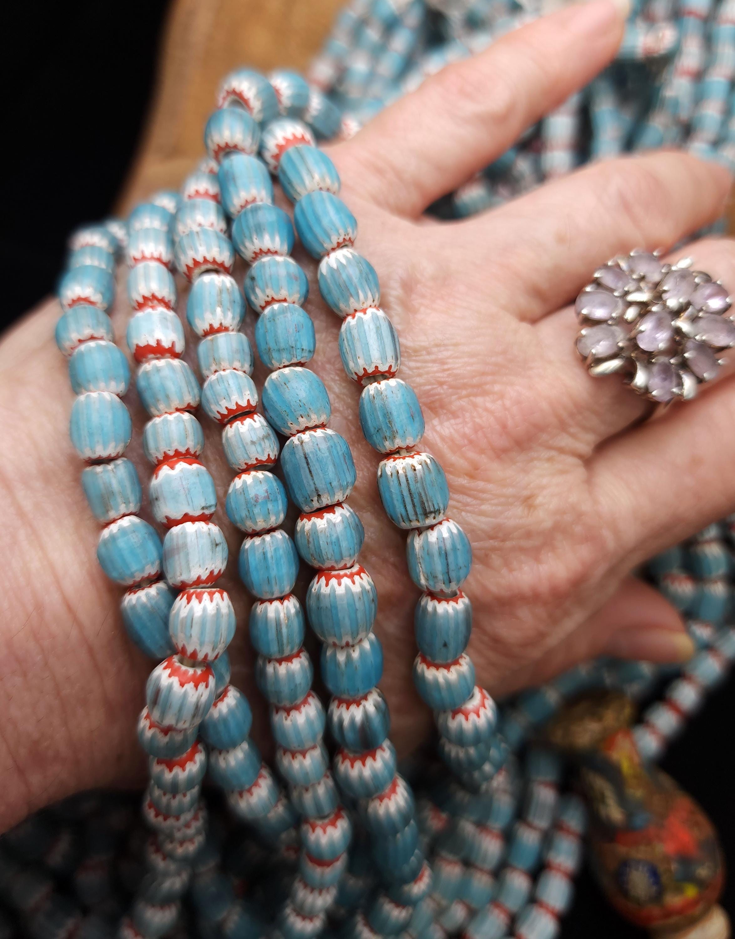 Blue Multilayer Chevron Beads From Java Indonesia, 7-10mm x 7-9mm+, Full Strand 21" Inches 60-62 Beads, Vintage, Jewelry Supplies.