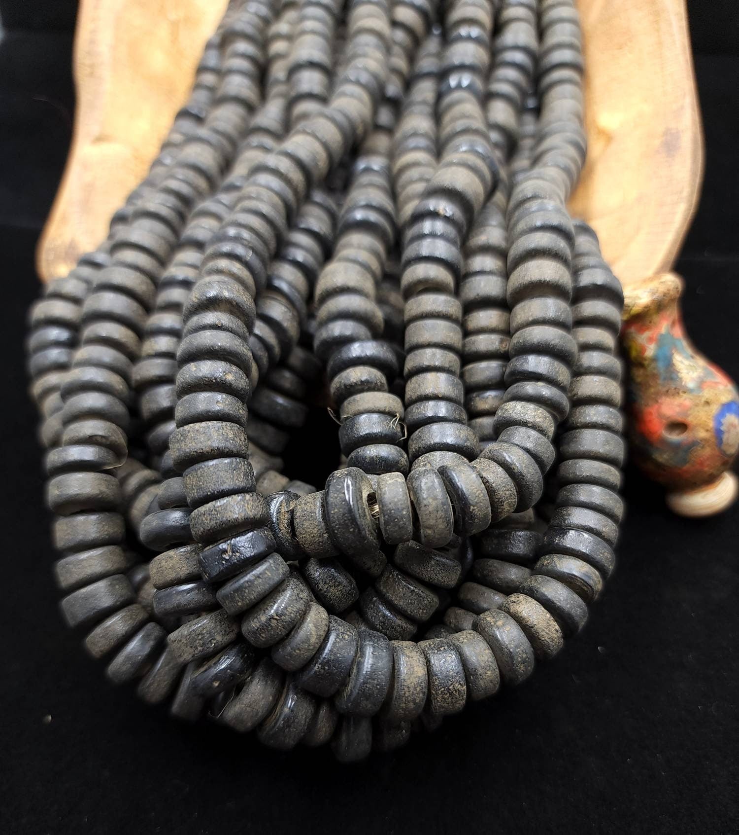 Wow Beautiful Black Beads With Old Rustic Accent 11-12mm Strand 10" Long / Java / Indonesian / Glass Beads / Tai Beads / Jewelry Supplies.