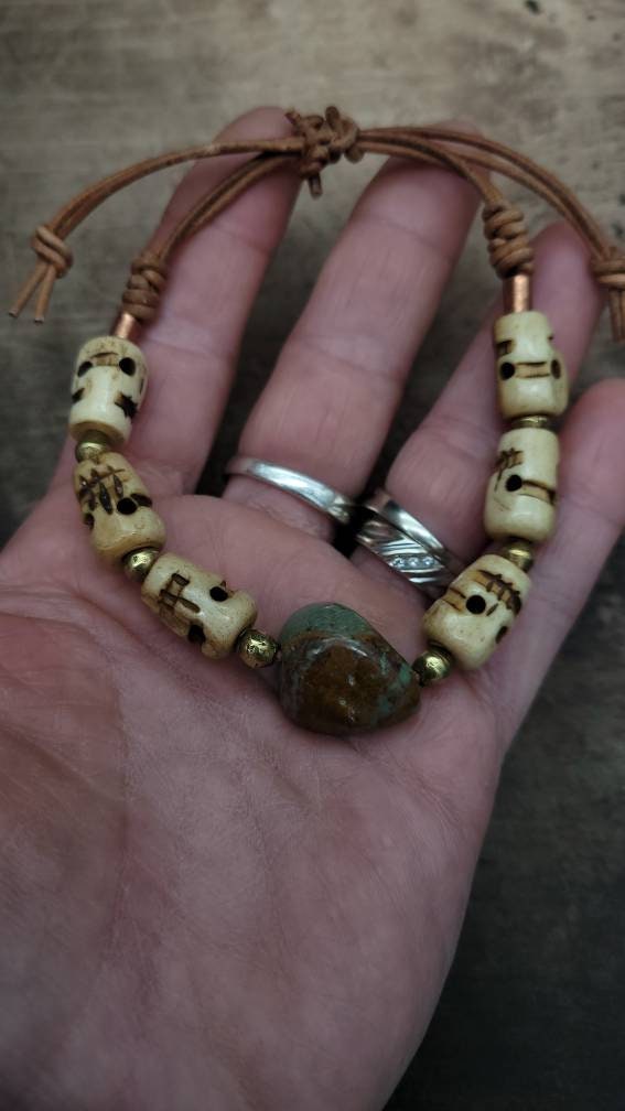 Beautiful Authentic Leather Bracelet / Authentic Turquoise / Roman Glass / Skull Bone.