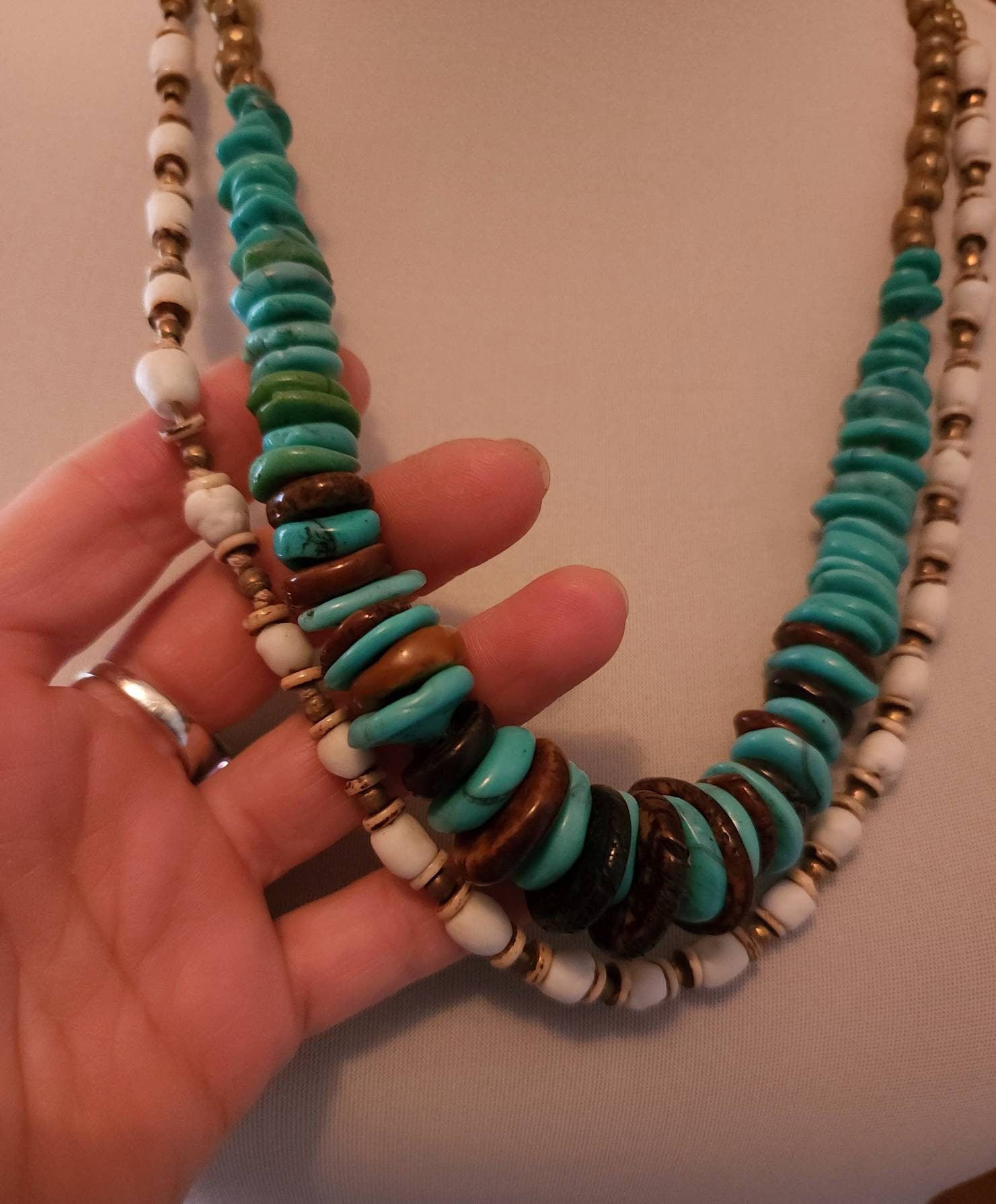 Beautiful Double Necklace With Synthetic Turquoises, African Brass Beads, Corded Genuine Leather / Necklace Length 14.5" With Option +.