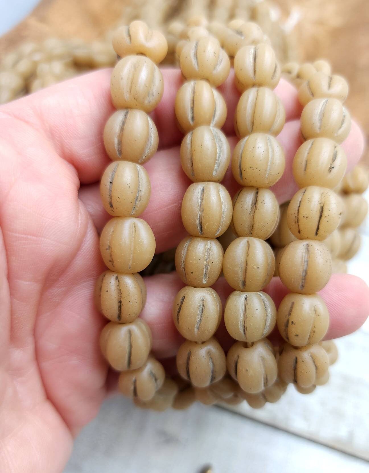 Old Glass Melon Shaped Beads Strand of 12 Beads 10-11mm / Indonesian Beads / Java / Vintage / Jewelry Making Supplies / Oriental Beads.