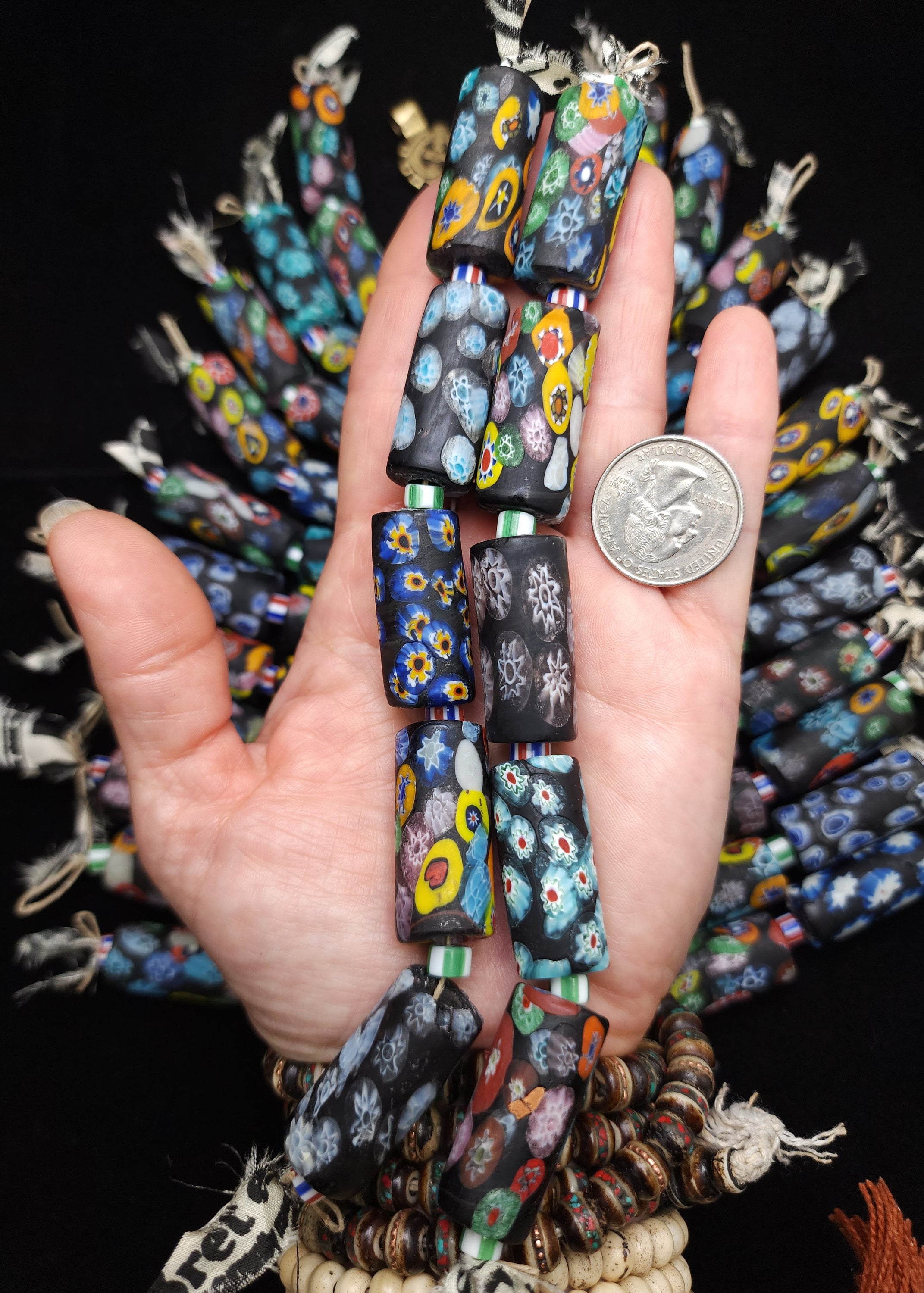 Colorful Strand With 5 Tubes Millefiori Beads   Long 32-33mm, Handmade Millefiori Beads, Venetians, Glass Beads, Jewelry Making Supplies.