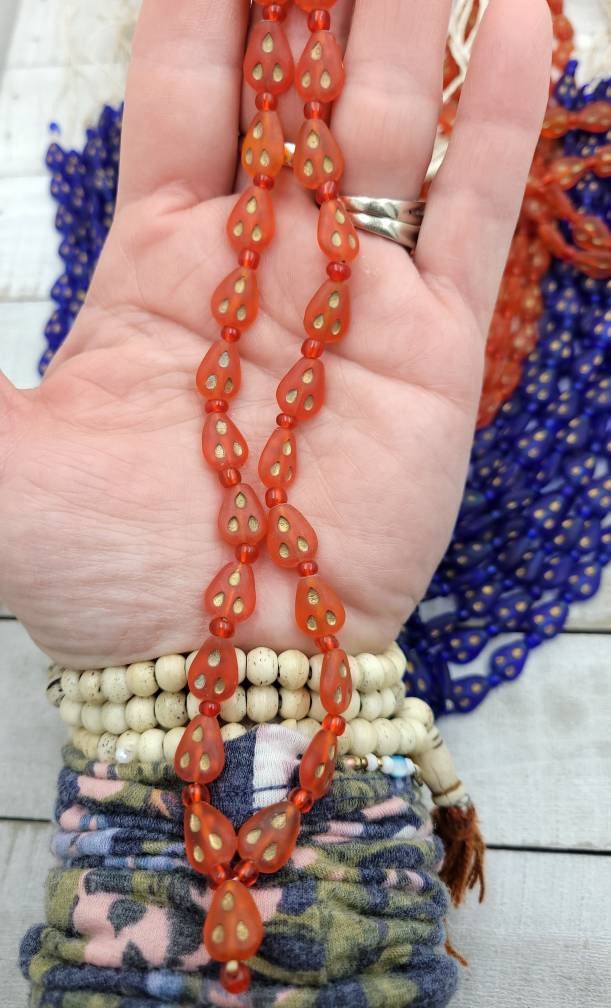 Wow What Beautiful Glass Beads With Gold From Afghanistan Choice Orange Red  Or Blue / 17 "Strand 10-11mm x 9mm/ Jewelry Supplies.