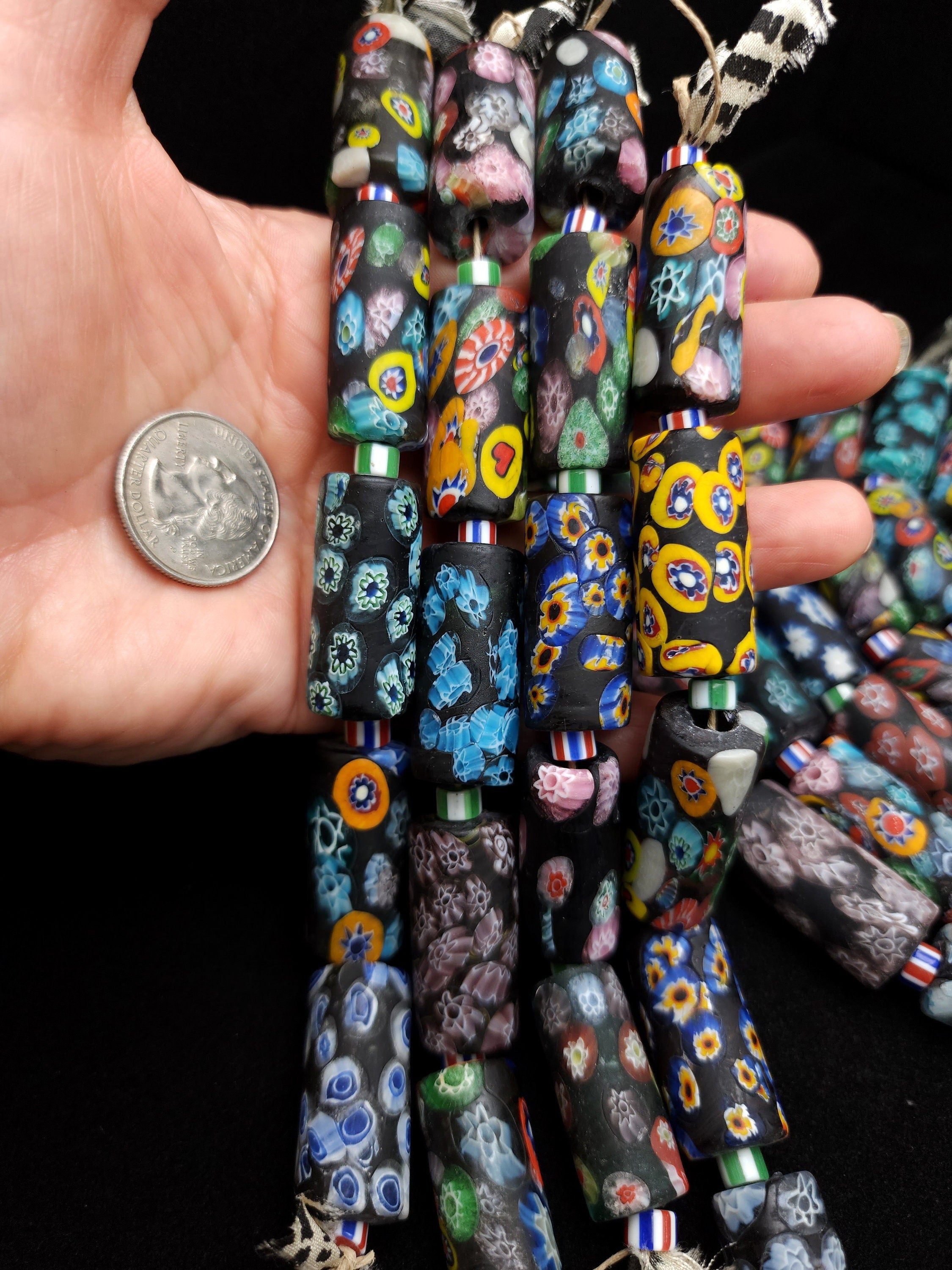 Colorful Strand With 5 Tubes Millefiori Beads   Long 32-33mm, Handmade Millefiori Beads, Venetians, Glass Beads, Jewelry Making Supplies.