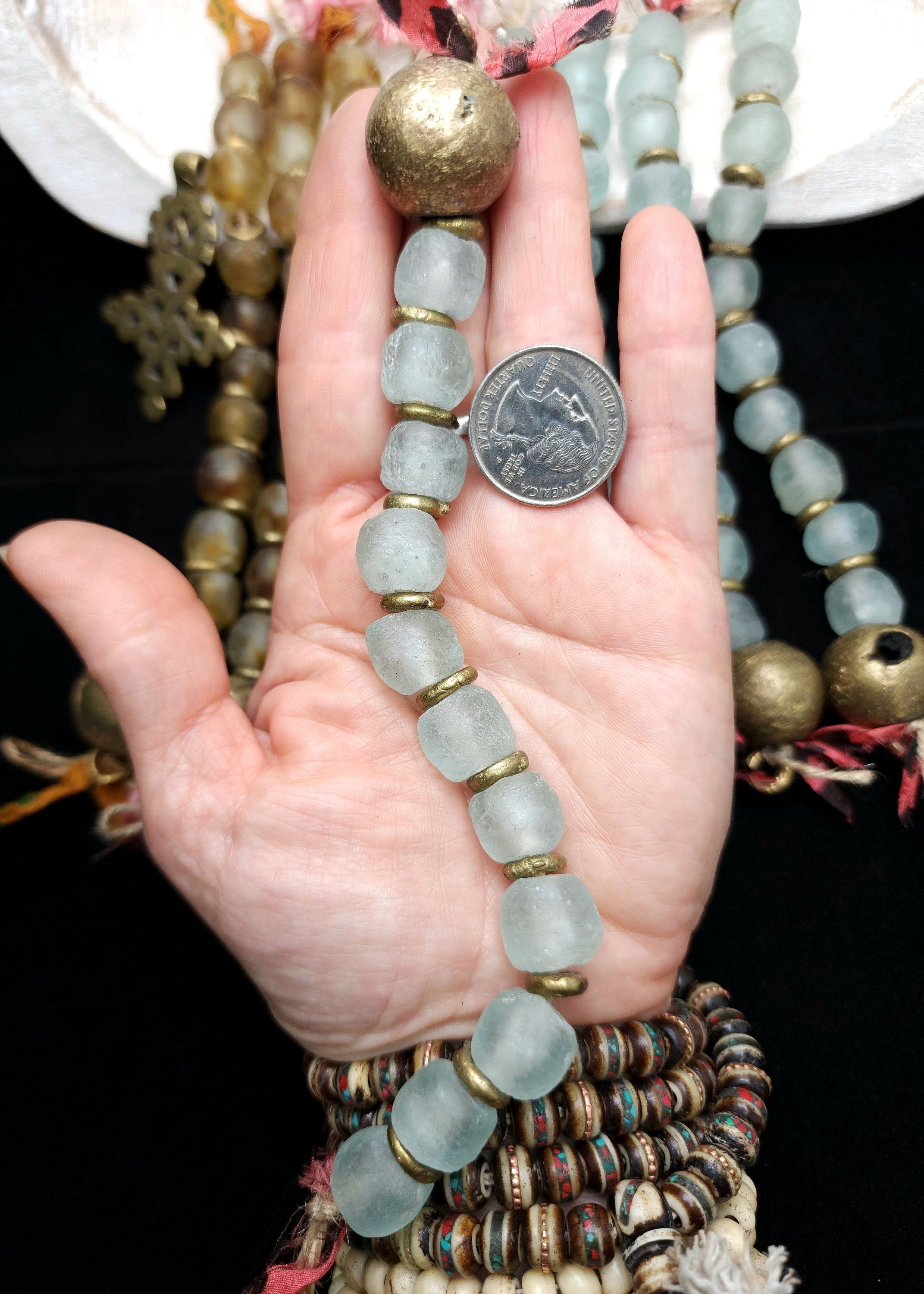 African Recycled Glass Beads Choose Color / Old African Brass Bead 22x20mm / Glass Beads 14mm 23 Beads Total  /  Making Jewelry Supplies