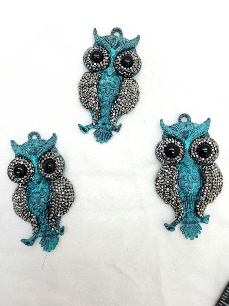 Beautiful Micro Pave Iron Owl Pendant With Teal Patina 68mm high x 37mm wide / Jewelry Supplies.