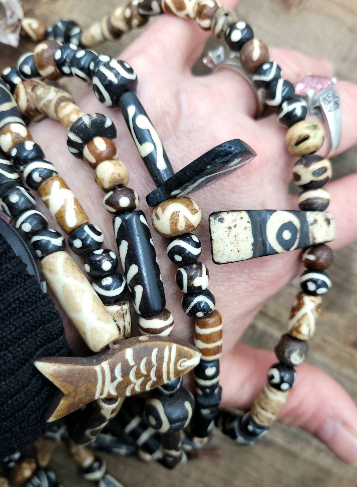 Beautiful Wide Variety Bone Beads Strand 14" Inches Long / Hand Carved Beads / Bone Beads Pendants / Tube / Round Etc / Jewelry Supplies