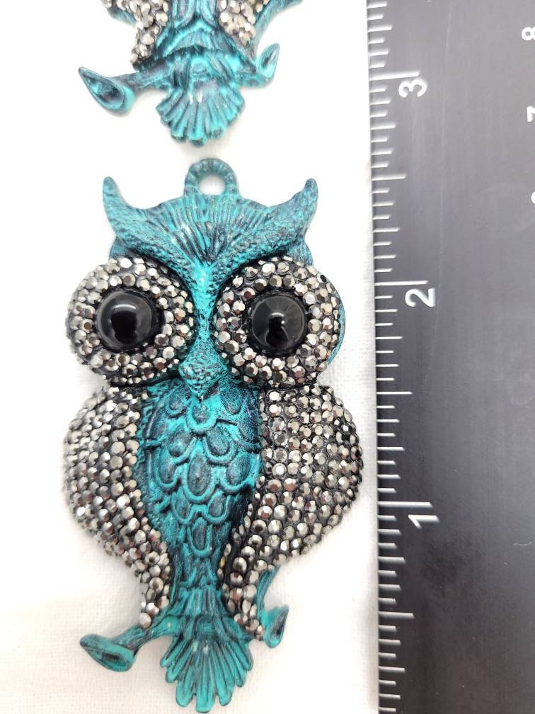 Beautiful Micro Pave Iron Owl Pendant With Teal Patina 68mm high x 37mm wide / Jewelry Supplies.