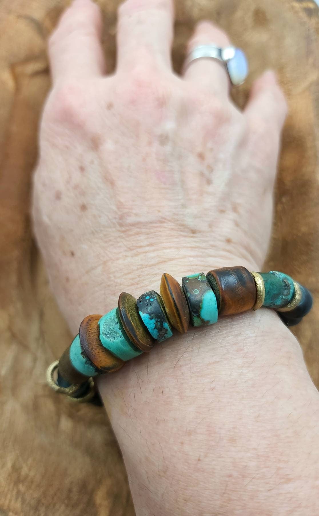 100% Natural Turquoise December Month Bracelet For Him Or For Her / Ethnic Boho Hippie Navajo / Handmade Jewelry/Fits 8-9 "