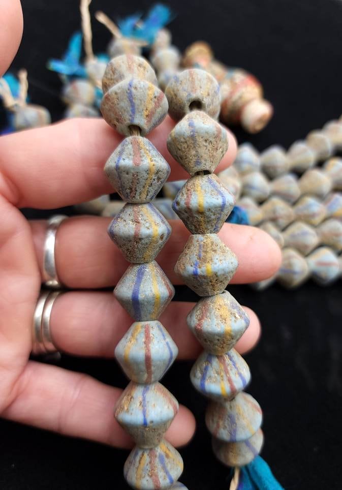 Venetians Style Beaded Bicone Antique Accent Strand 12 Beads 15× 15-16mm, Indonesia, Tribal, Ethnic, Lampwork beads, Jewelry Supplies.
