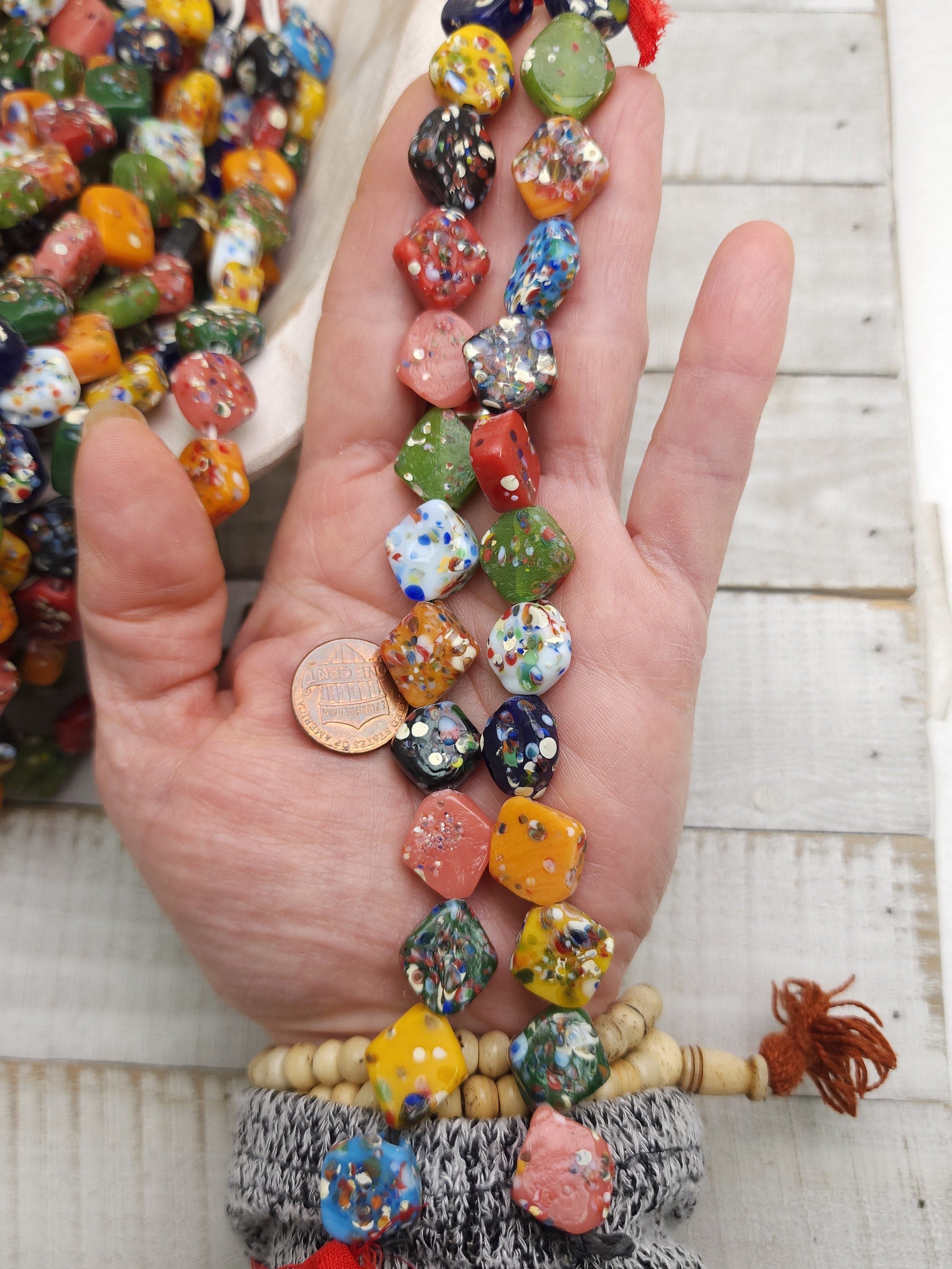 Square Mosaic Glass Beads / Strand With 12 Beads15-17mm / Thailand Beads / Indonesia / Lampwork Beads / Jewelery Making Supplies.