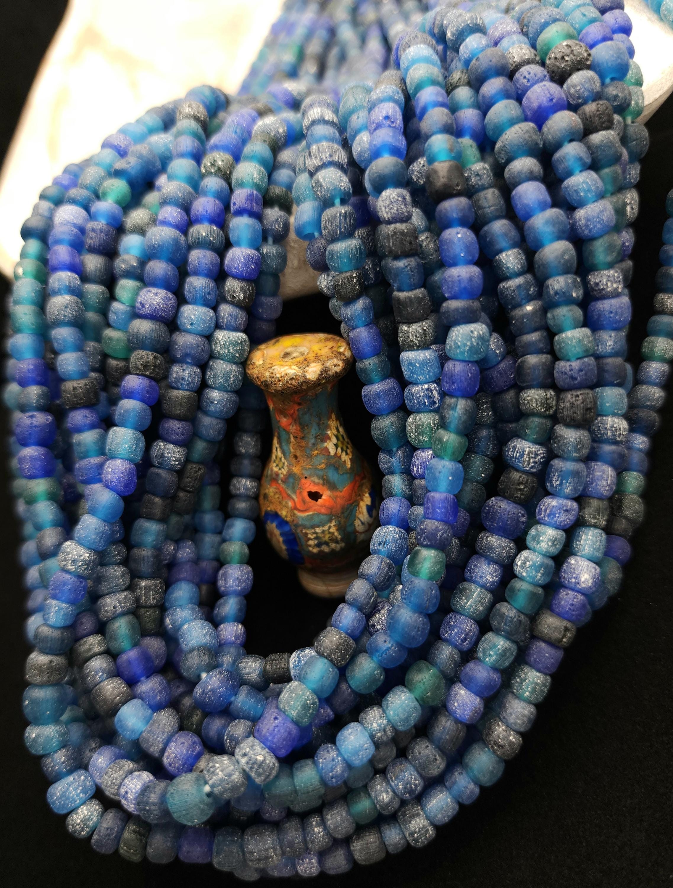 Ethnic Rustic Glass Beads from Indonesia 5-7×4-6mm Strand 23-24" [132-138 Beads], Blue, Black & Green Handmade Beads, Craft Jewelry DIY.