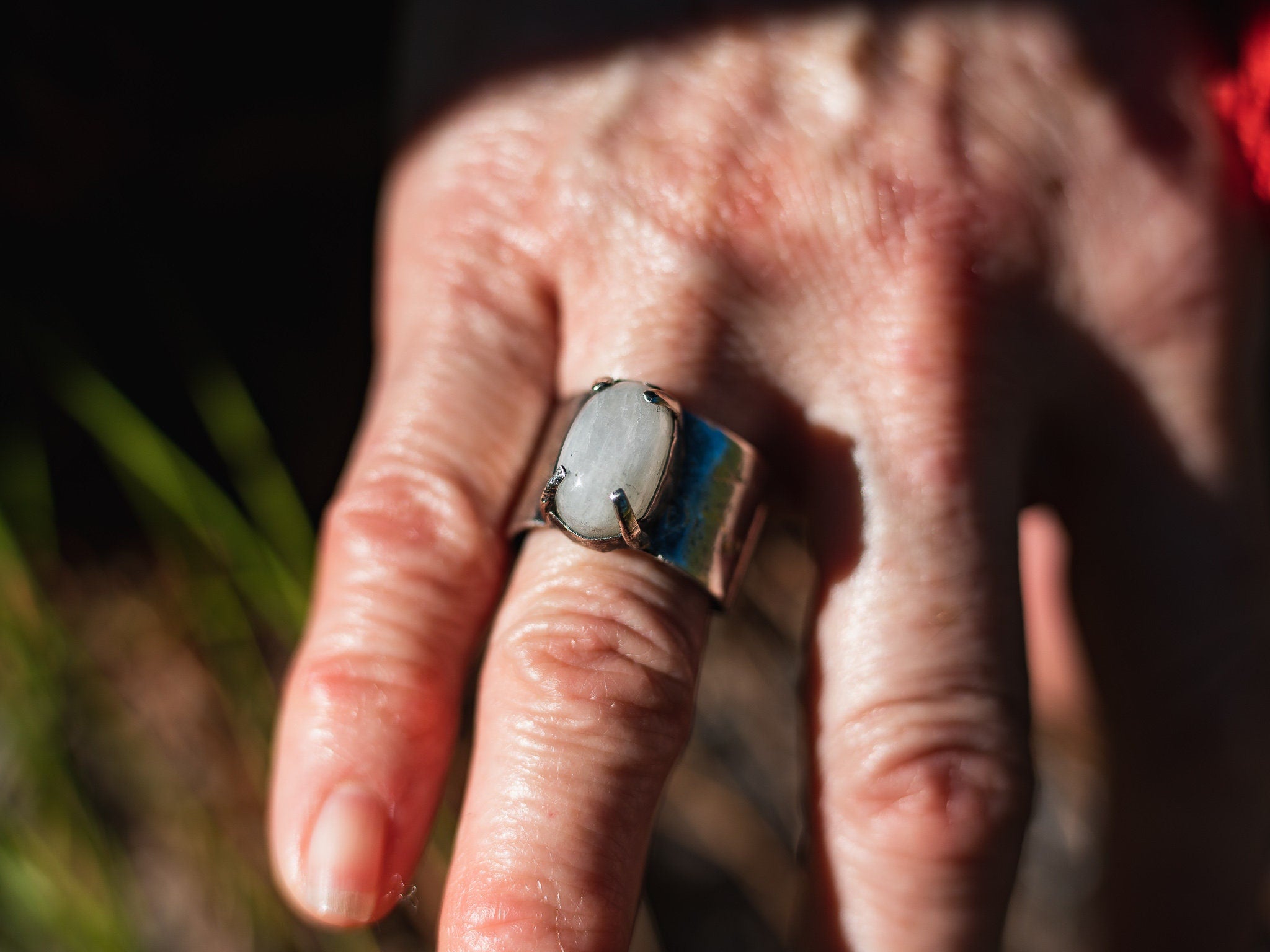 925 Sterling Silver | Rainbow Moonstone | Real 14Kt Gold Accents|Ring Size 8 1/2