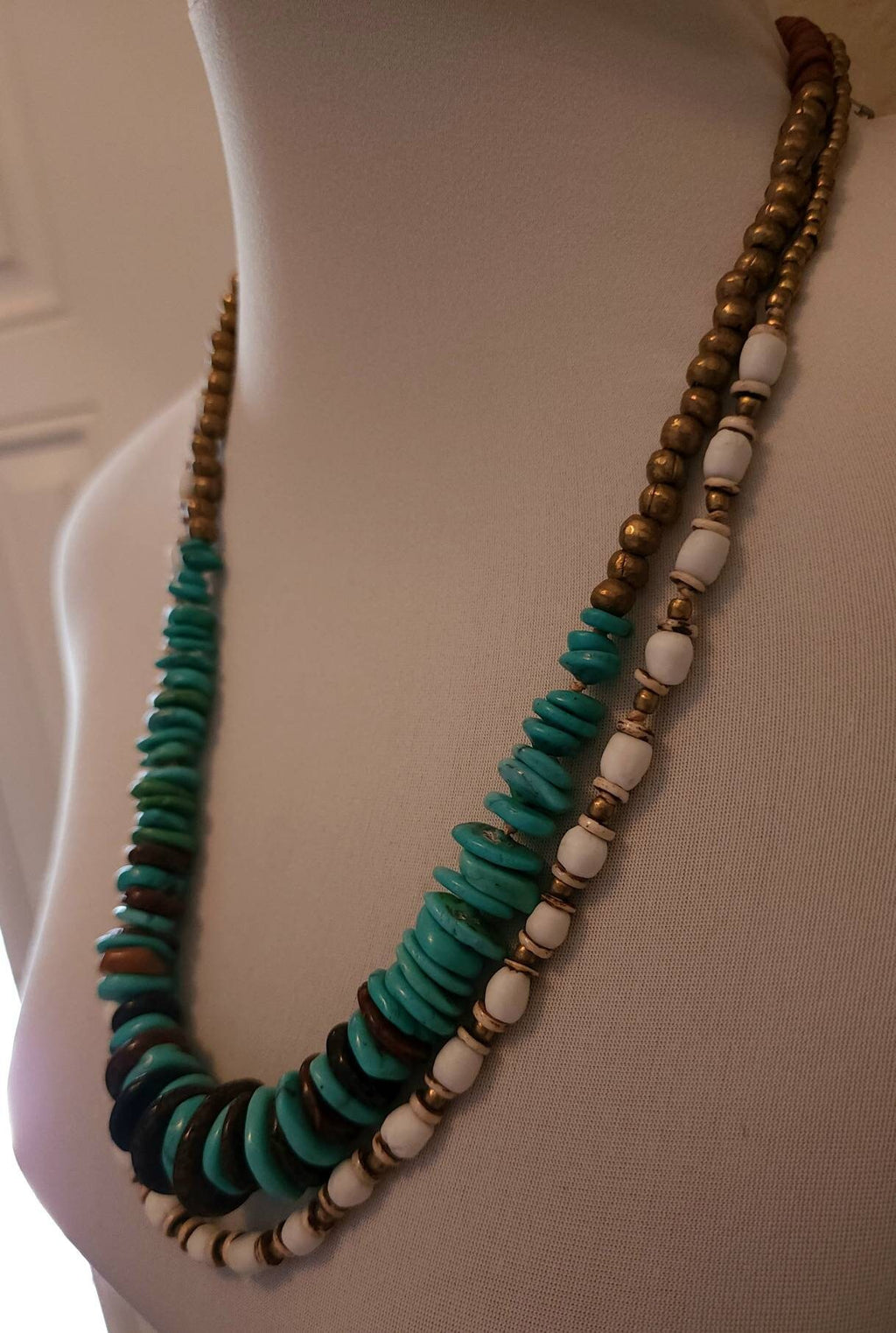Beautiful Double Necklace With Synthetic Turquoises, African Brass Beads, Corded Genuine Leather / Necklace Length 14.5" With Option +.