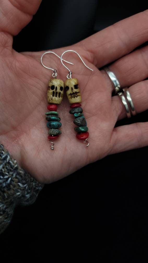 Beautiful Authentic 925 Silver Turquoise Coral Skull bone Boho Hippie Earrings.