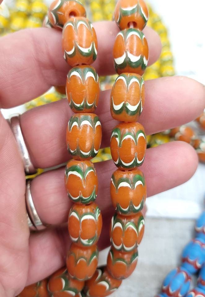 Chevron Style Glass Beads, Vintage Thailand Chevron 14x11mm 10 Beads, Jewelry Supplies, Indonesian, Lampwork Beads.