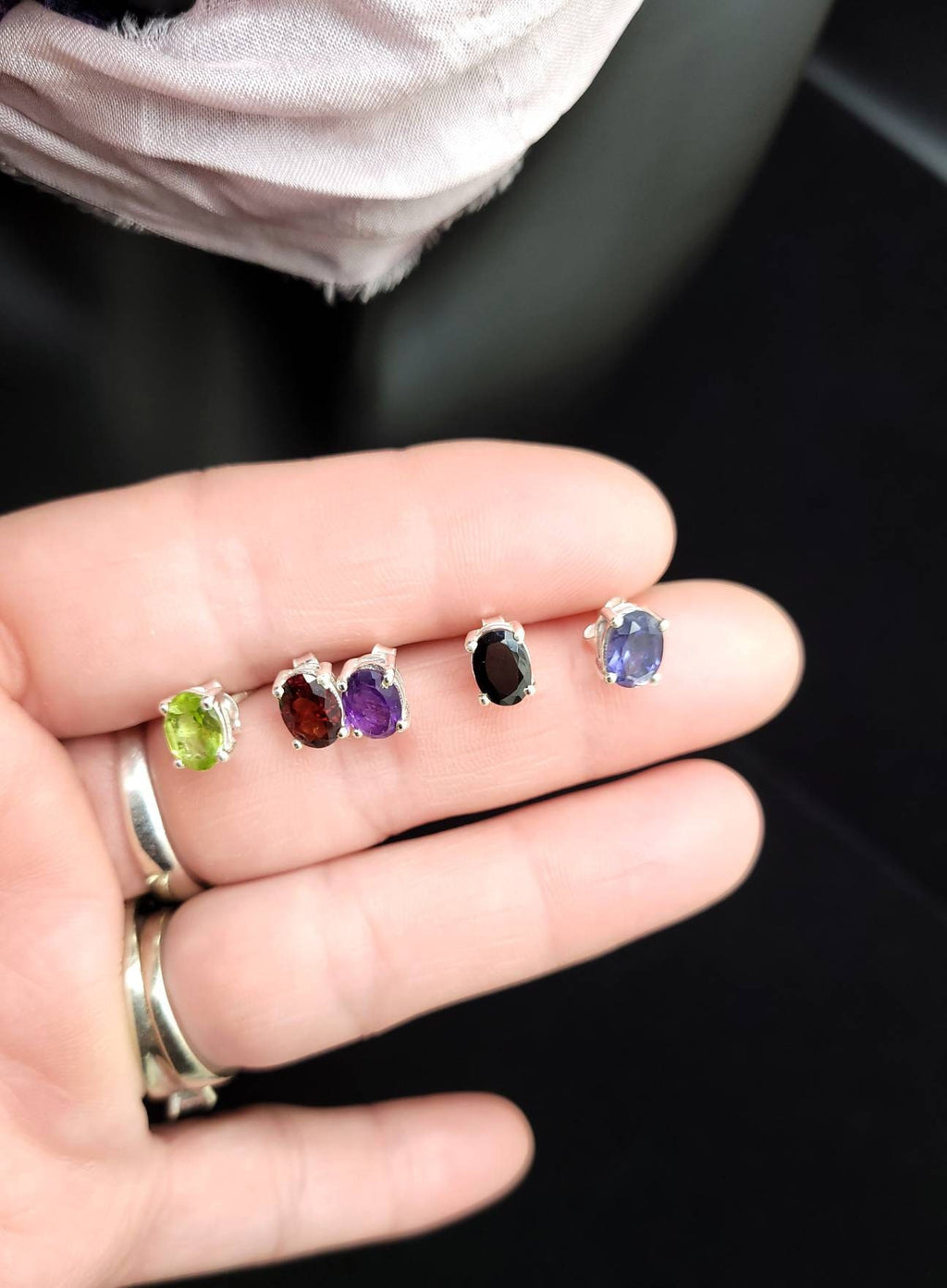 925 Solid Silver Button Earrings / Natural Stone Amethyst, Citrine, Garnet, Onyx, Lolite Peridot, Gift For Her, Handmade Jewelry.