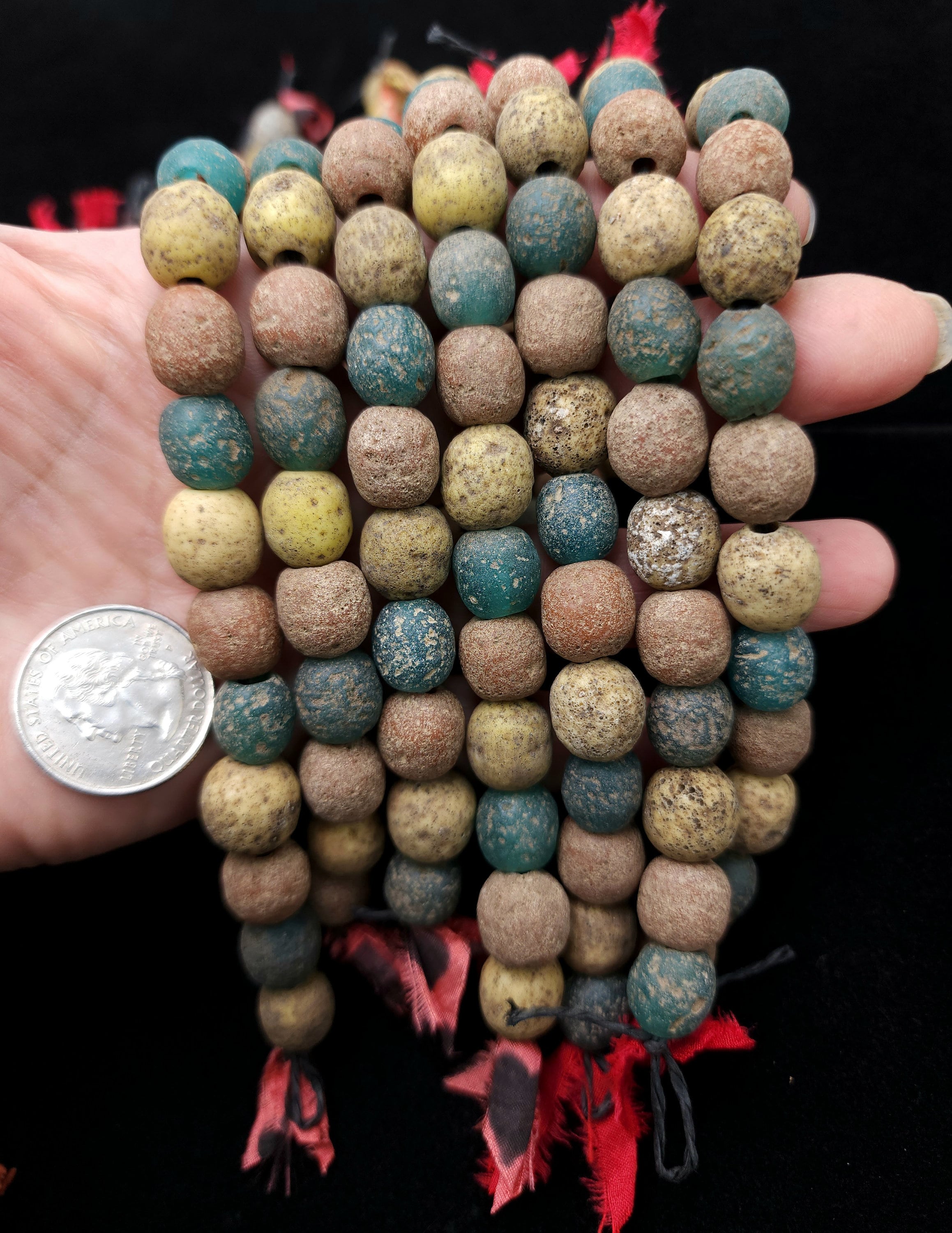 Indonesian Glass Beads Strand 14 Earthy Yellow, Red, Green Beads 10-12mm, Vintage, Rustic,  Tribal, Boho, Hippie,  Jewelry  Making Supplies