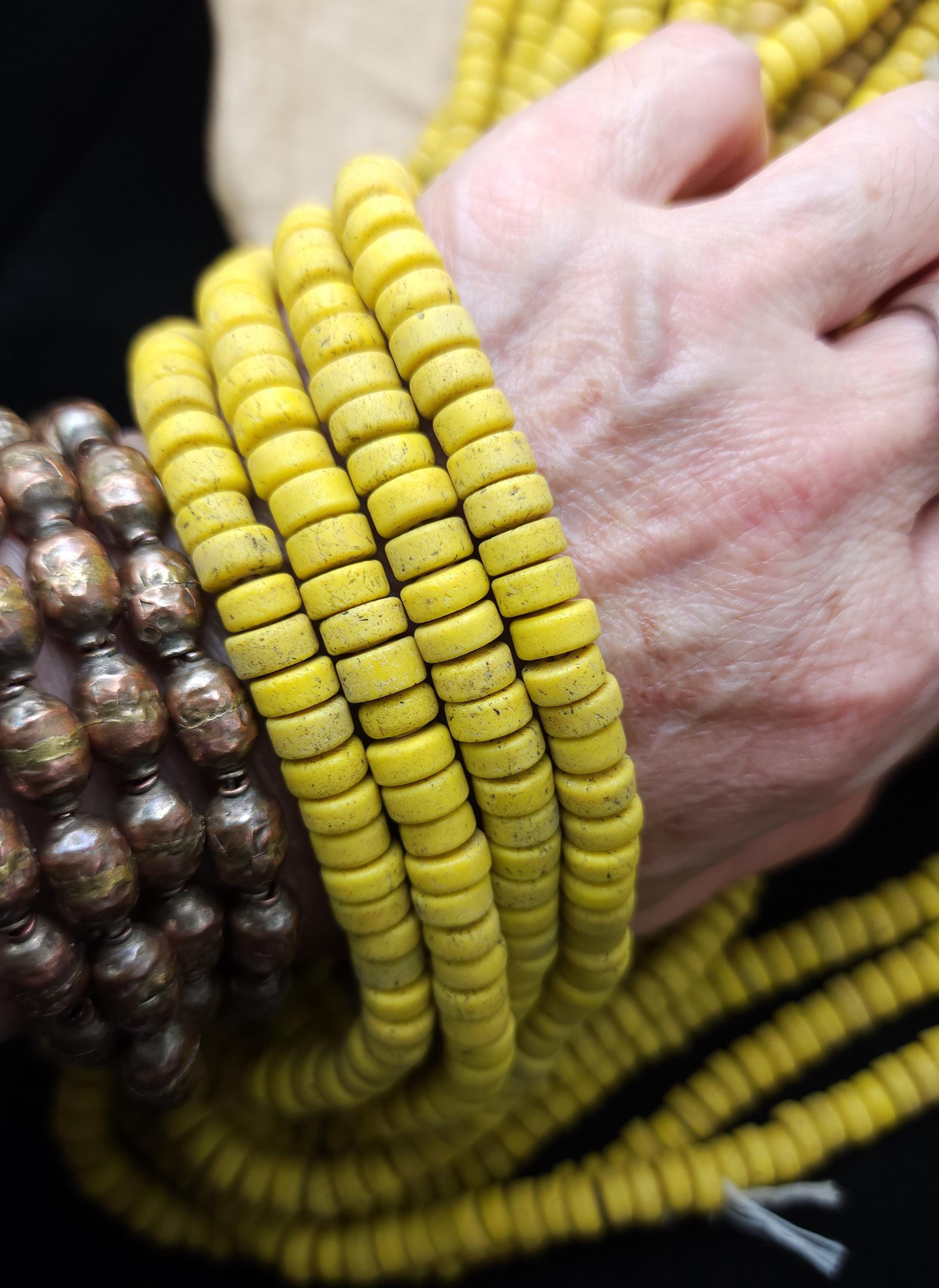 Yellow Canary Glass Beads With Antique Rustic Acent / 8mm 10" Long Strand / Indonesia Java Beads / Jewelry Making Supplies / Craft.