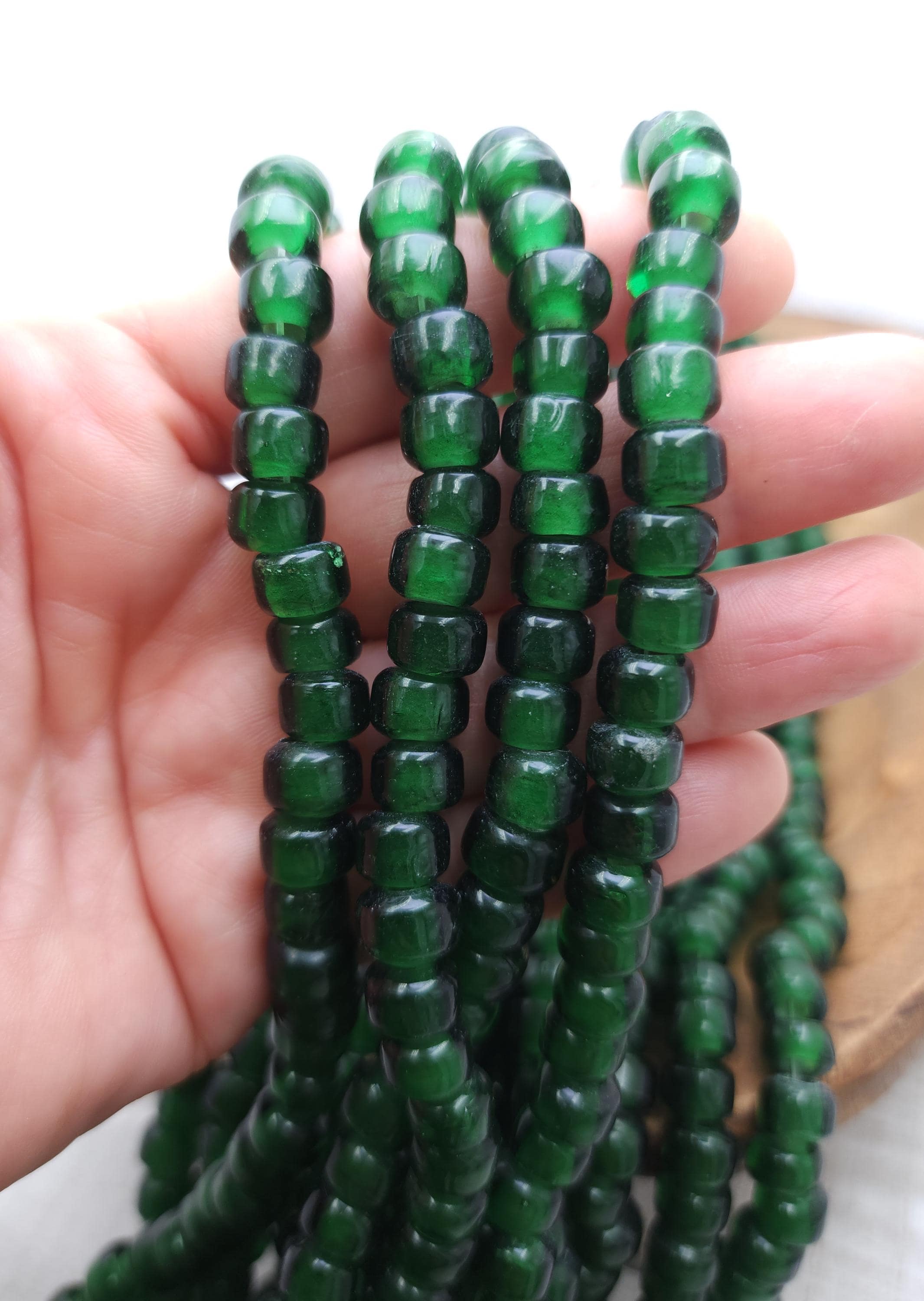 Full 16" Strand Of 6mm x 9mm Translucent Green Crow Glass Beads, Pony Glass Beads, Macrame, Jewelry Making Supplies, Craft.