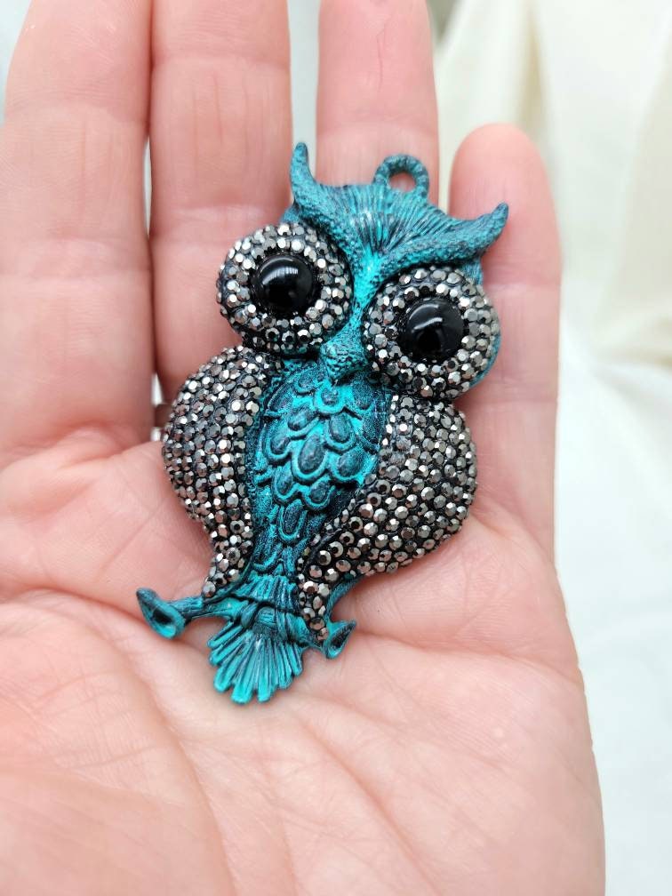 Beautiful Micro Pave Iron Owl Pendant With Teal Patina 68mm high x 37mm wide / Jewelry Supplies.