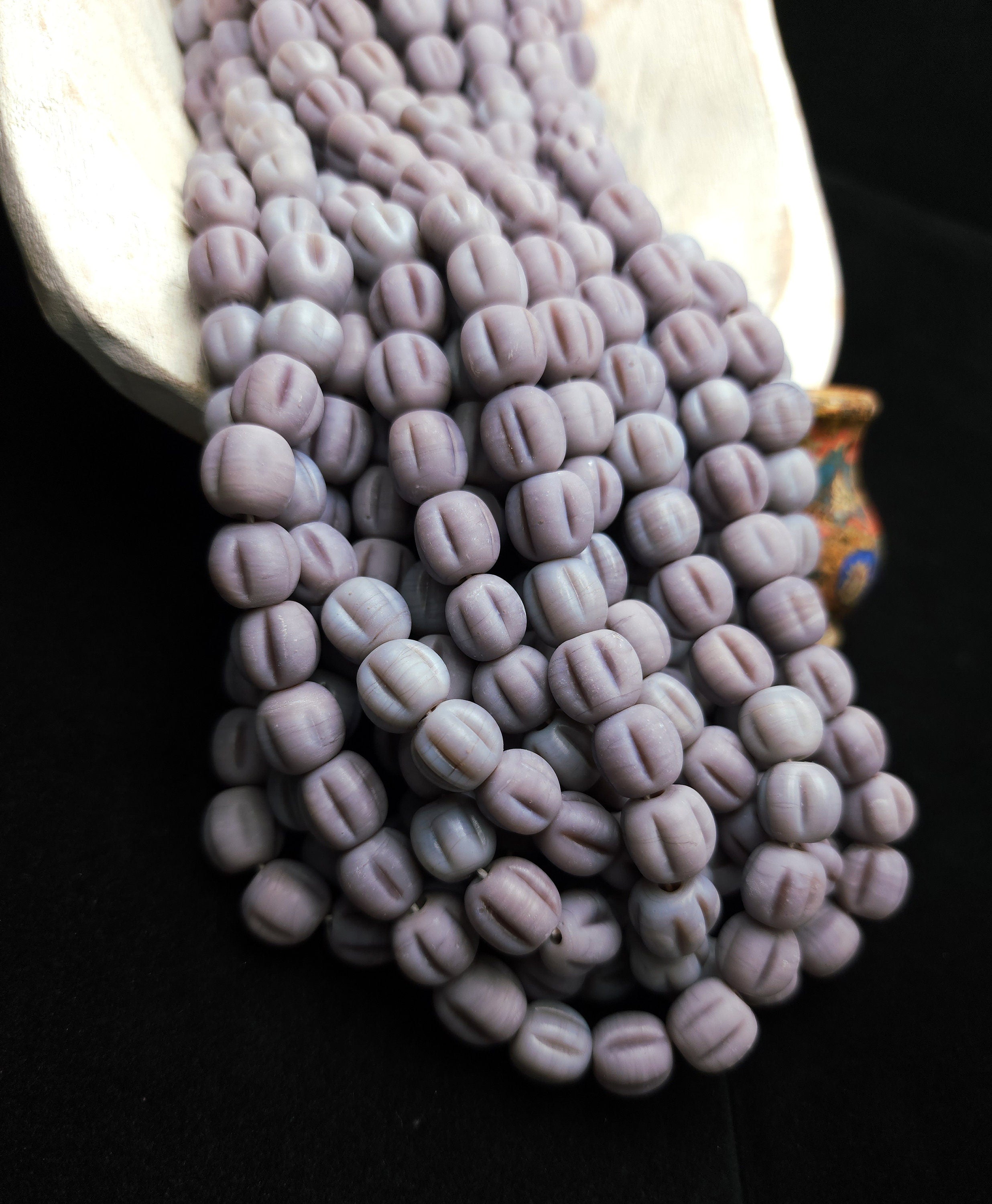 Melon Shaped Glass Beads With Accent Rustic Old Look 9-11mm 15 Beads, Jewelry Making Supplies, Lampwork Beads, Indonesian, Java Beads.