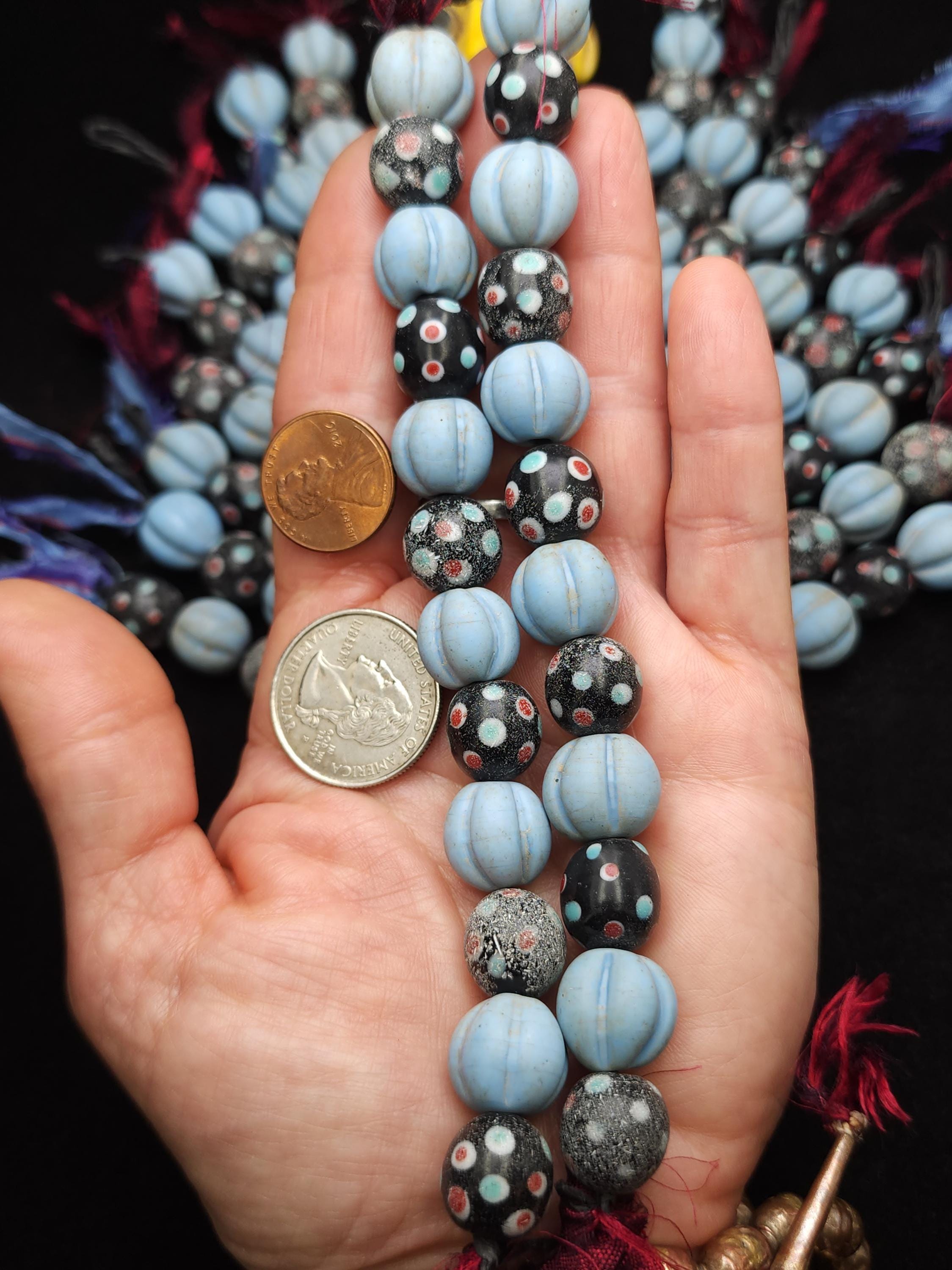Variable Strand of Pumpkin Beads and Eye Beads 11-14mm [12 Beads] Indonesian, Java, Glass Beads, Vintage, Jewelry Making Supplies.