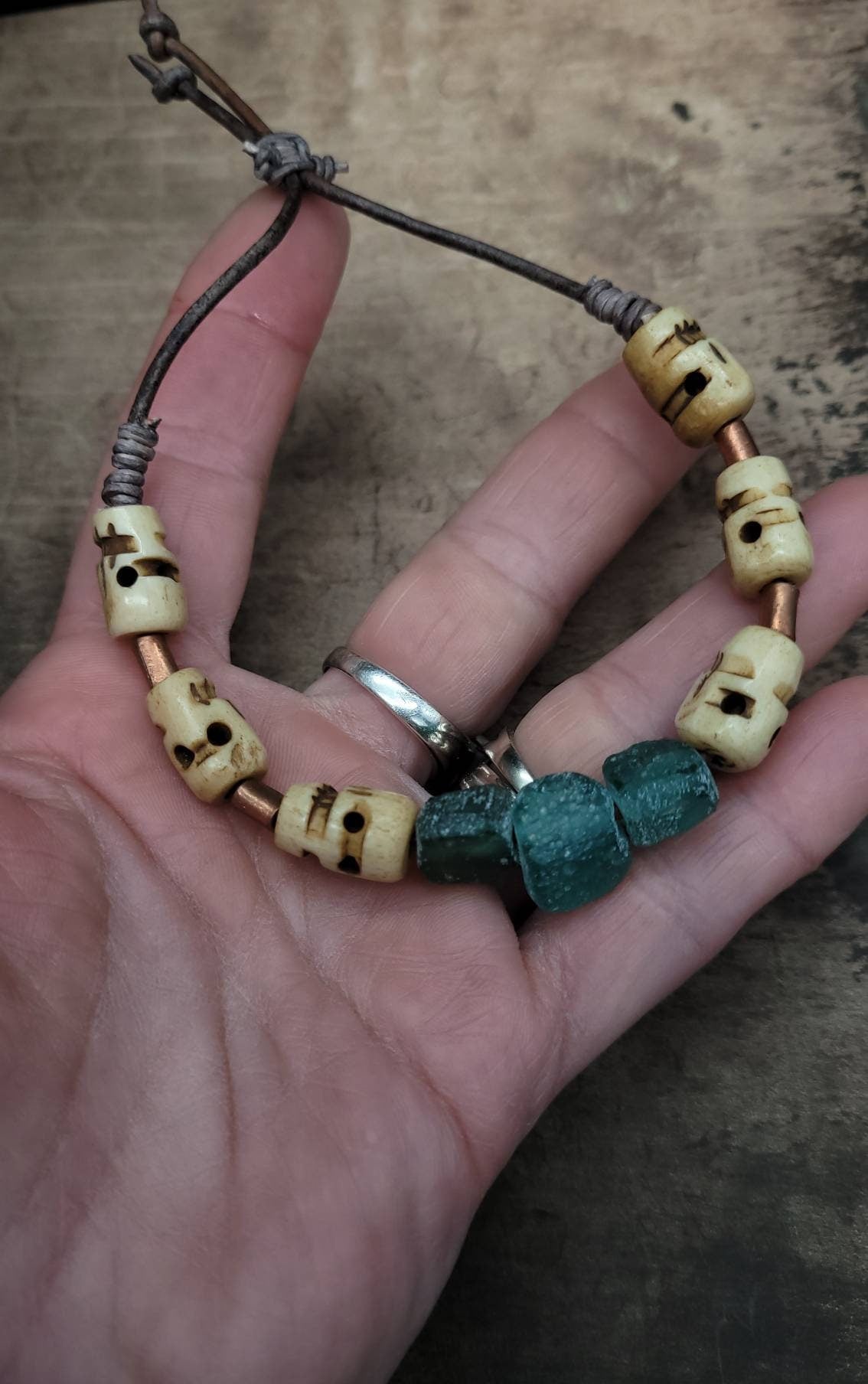 Beautiful Authentic Leather Bracelet / Authentic Turquoise / Roman Glass / Skull Bone.