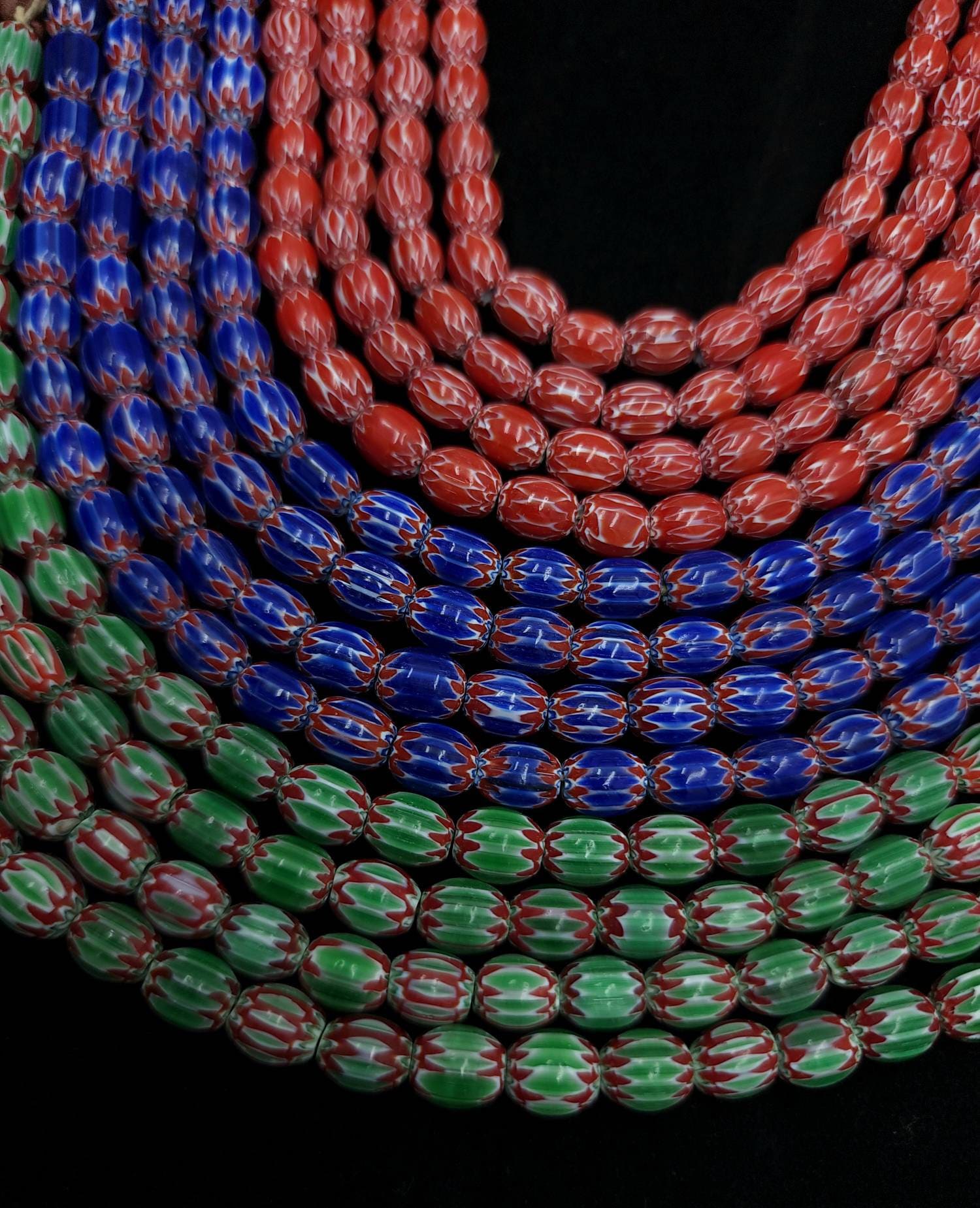 Multi-Layer India Handmade Chevron Glass Beads Choose Red, Blue Or Green / Strand 10"  30 Beads 7x9mm / Jewelry Making Supplies.