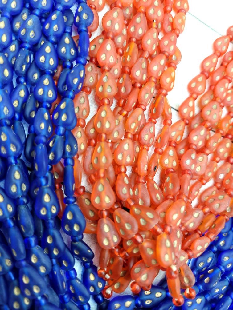 Wow What Beautiful Glass Beads With Gold From Afghanistan Choice Orange Red  Or Blue / 17 "Strand 10-11mm x 9mm/ Jewelry Supplies.