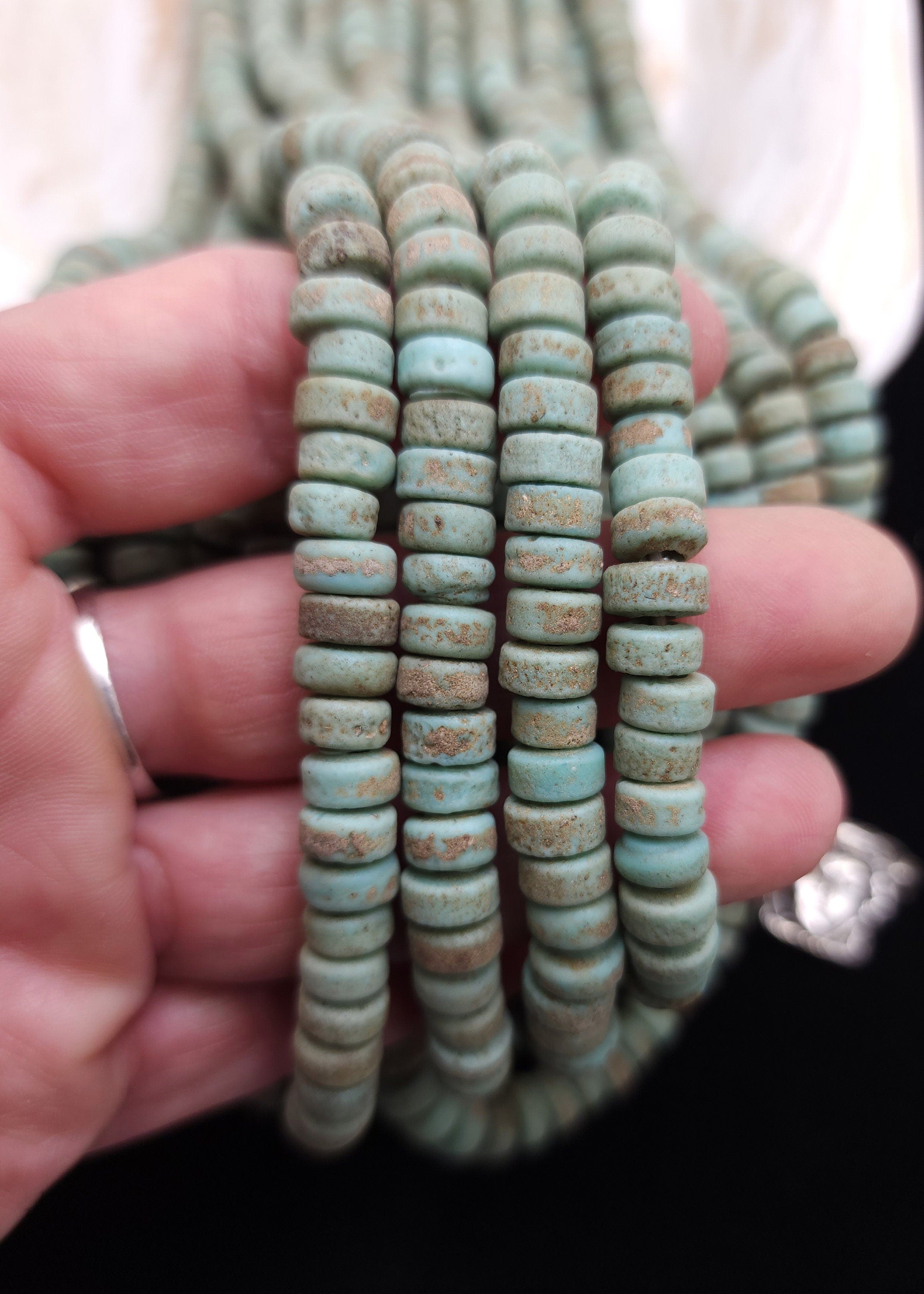 Pistachio Green Beads With Antique Rustic Accent / Handmade From Indonesia / 7-8mm 10"Long Strand / Java /Tribal / Jewelry Supplies.