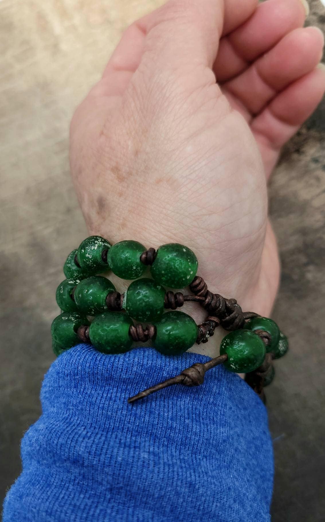 Beautiful Leather Bracelet / Bracelet for Men or Women / Antique Rustic Indonesian Glass Bead Jewelry/Boho/Tribal / Native American/ Ethnic.