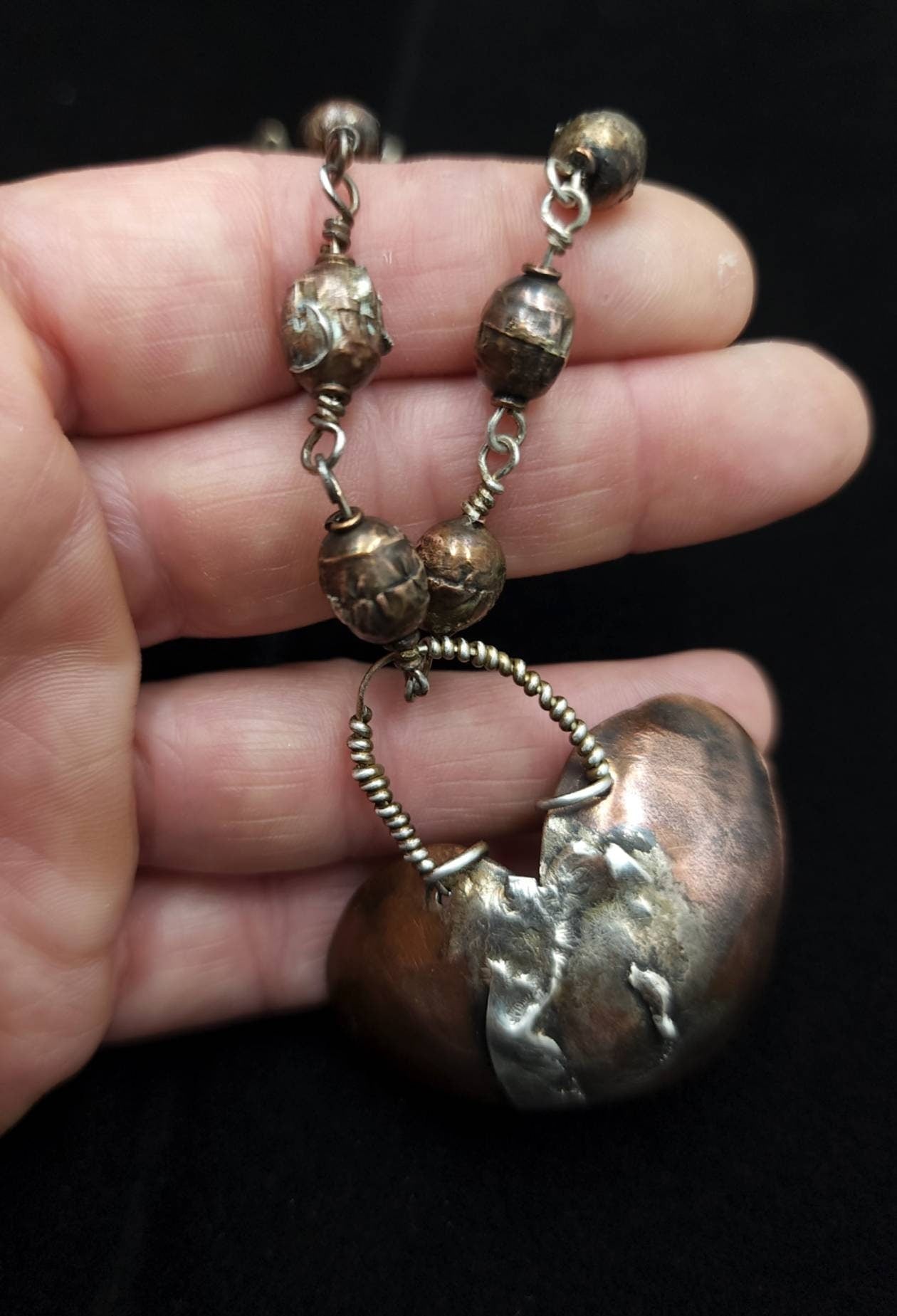 925 Silver, Silver cross- copper heart, Copper necklace 15"